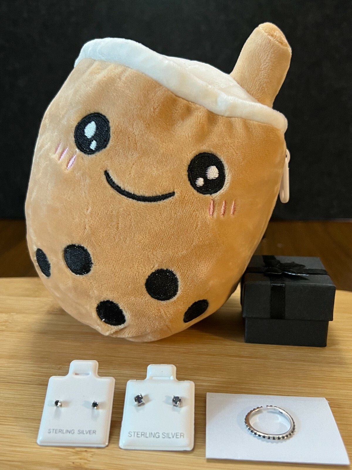Sterling Silver ~ Jewelry GIFT SET w/ Box (Blk) and Plush Reversible Boba Toy