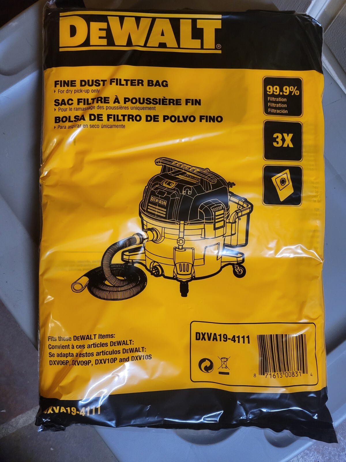 NEW Dewalt Fine Dust Bag 6 10 Gallon 1 PACKAGE OF 3 BAGS DXVA19-4111