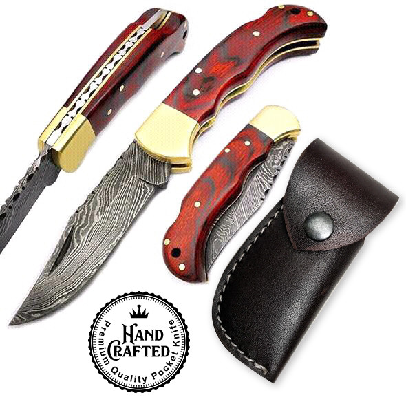 6.5" Red Wood Folding Pocket knife Hunting 100% Handmade Damascus Steel leather
