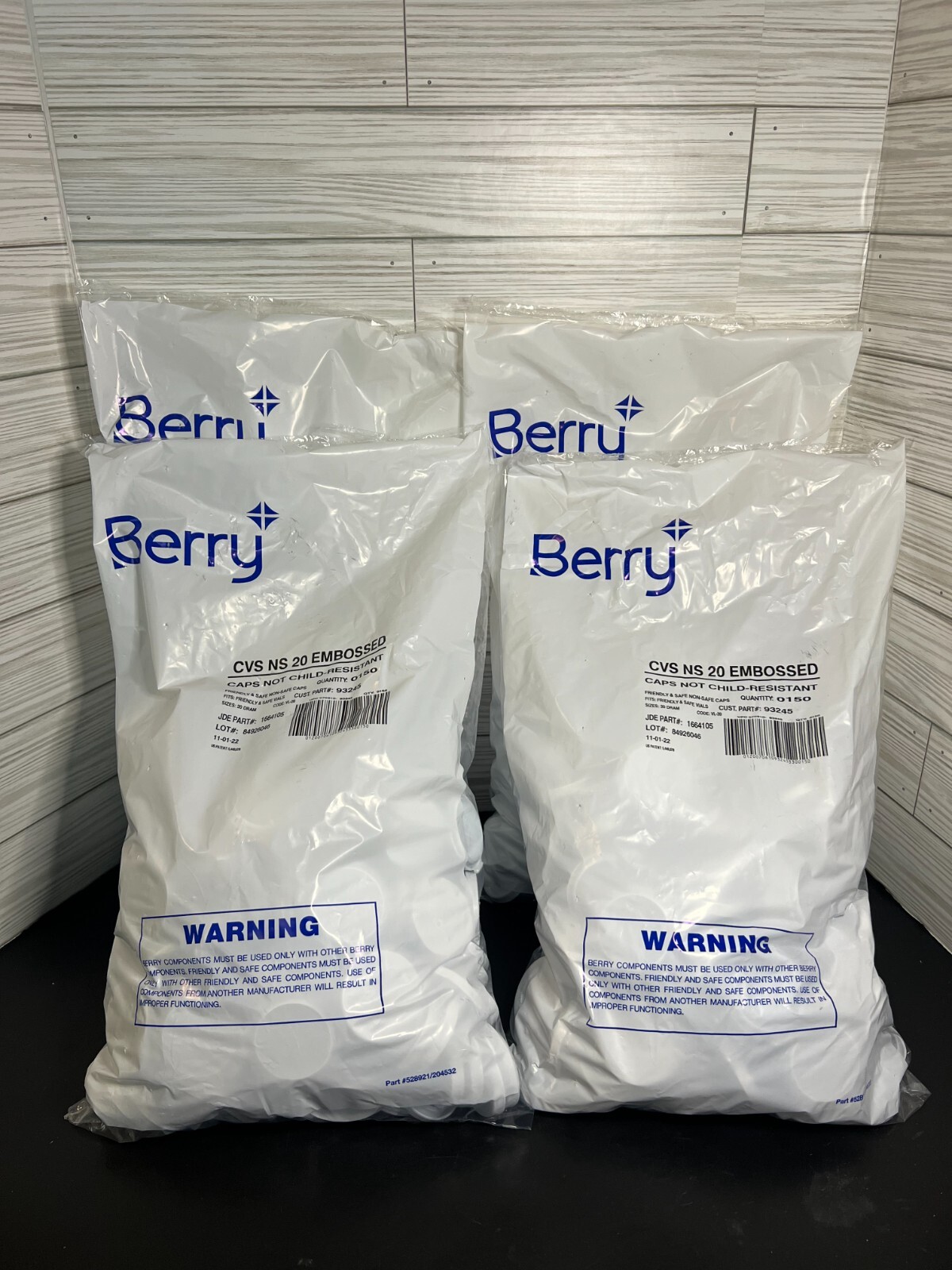 Lot of 4 Bags of Berry CVS NS 20 Embossed White Dram Vial Caps 150 Ea x 4 = 600