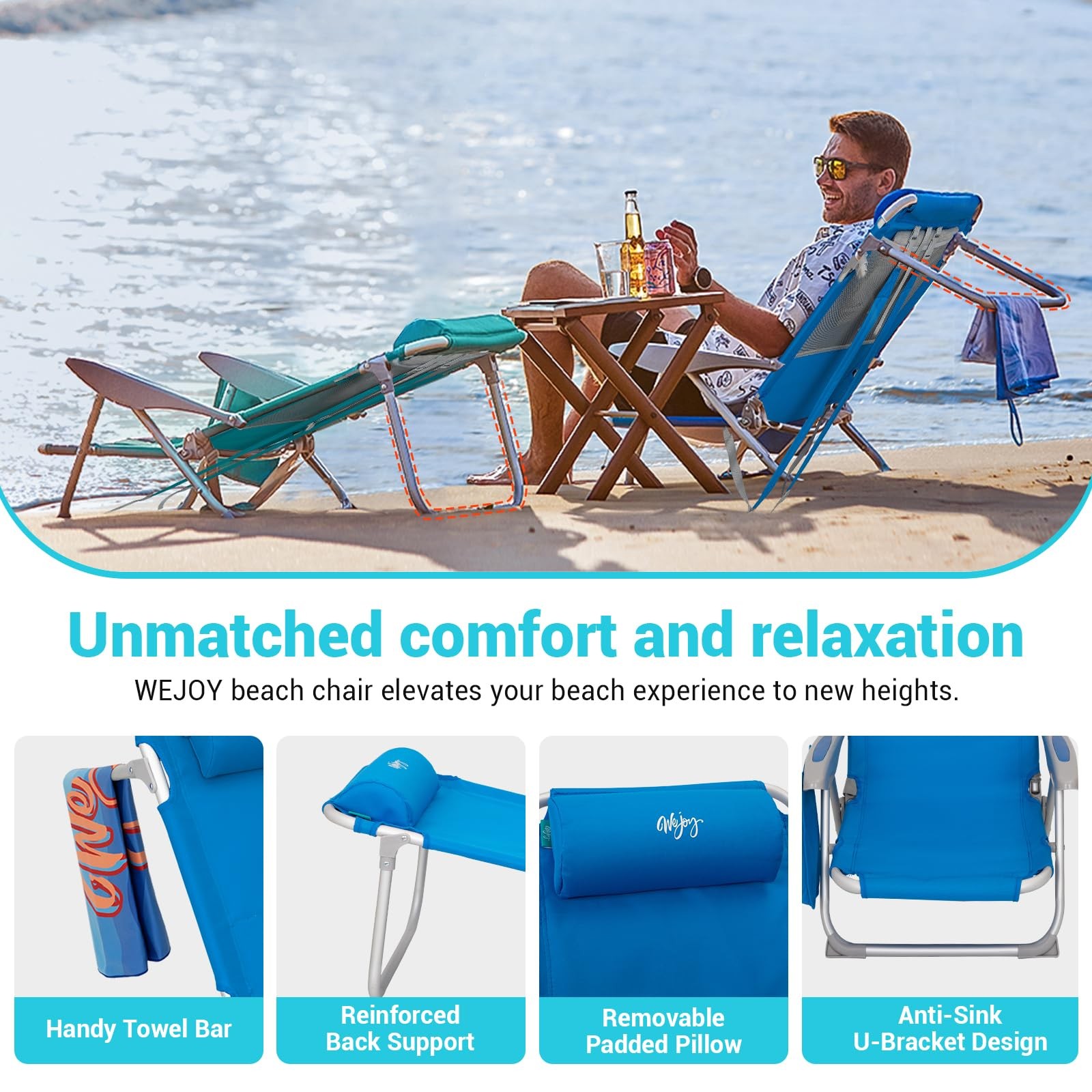 #WEJOY Lightweight Low Beach Chair for Adults, 4-Position Aluminum Folding Ca...