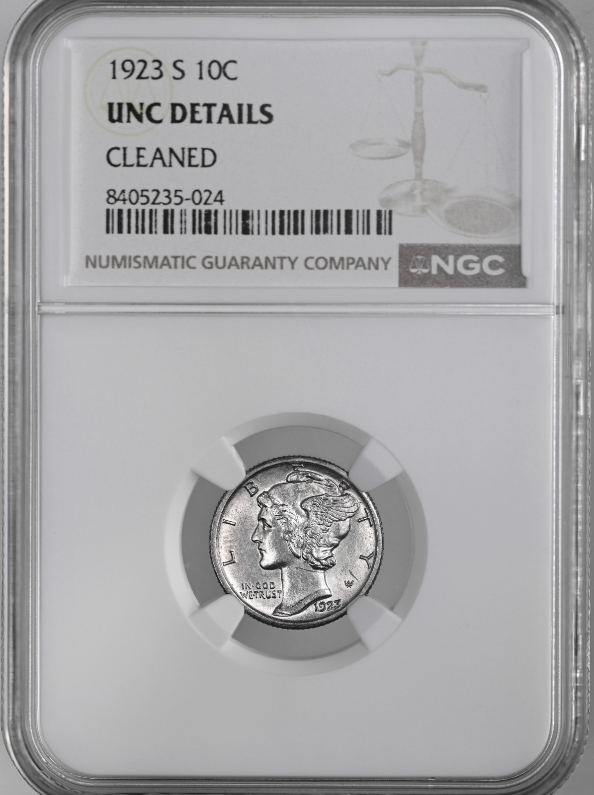 1923-S  10C  MERCURY SILVER DIME  NGC UNC DETAILS "CLEANED" #8405235-024