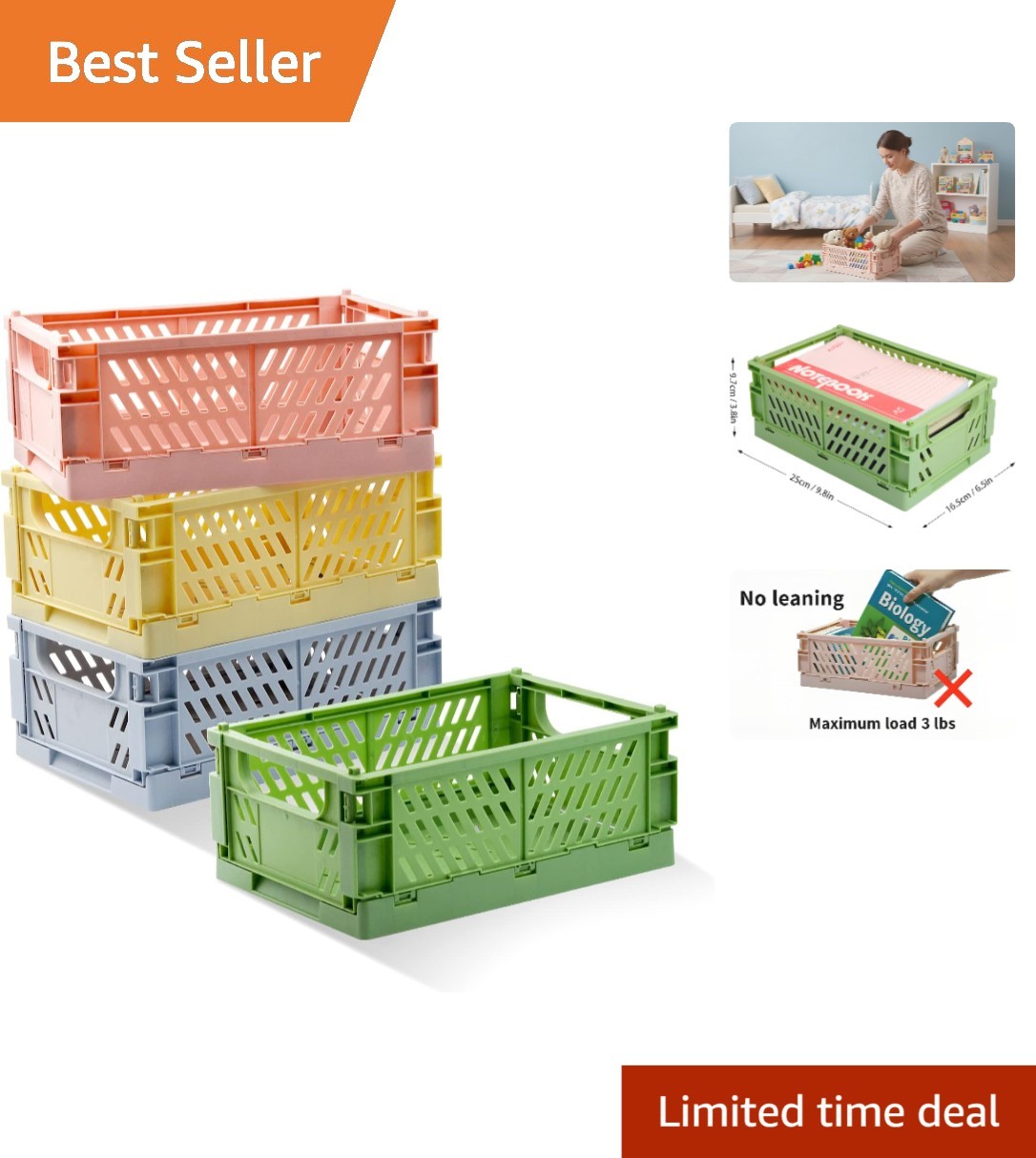 Space-Saving 4 Pack Plastic Folding Crates - Versatile Storage Baskets in Pastel