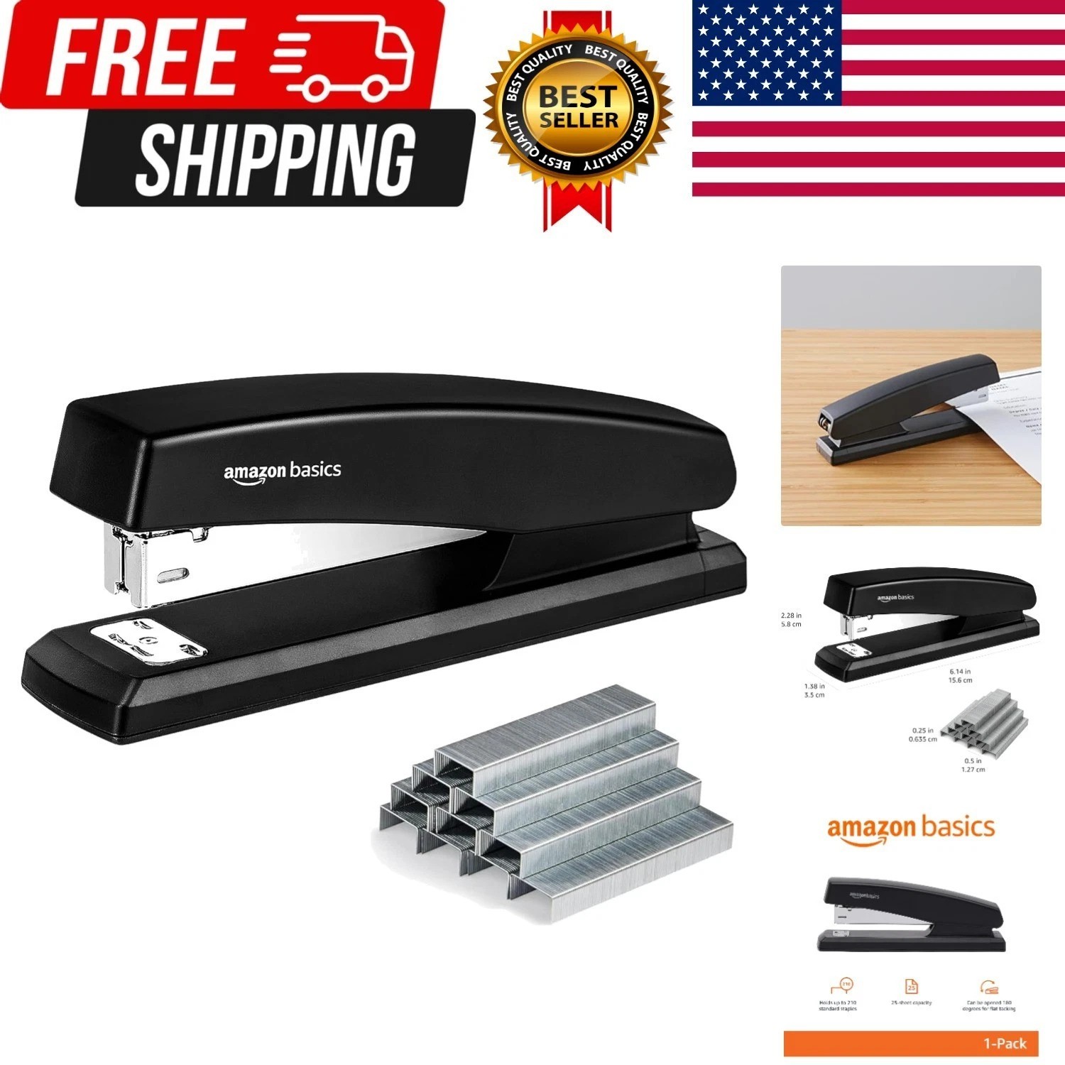 Stapler with 1000 Staples, Office Stapler, 25 Sheet Capacity, Non-Slip, Black