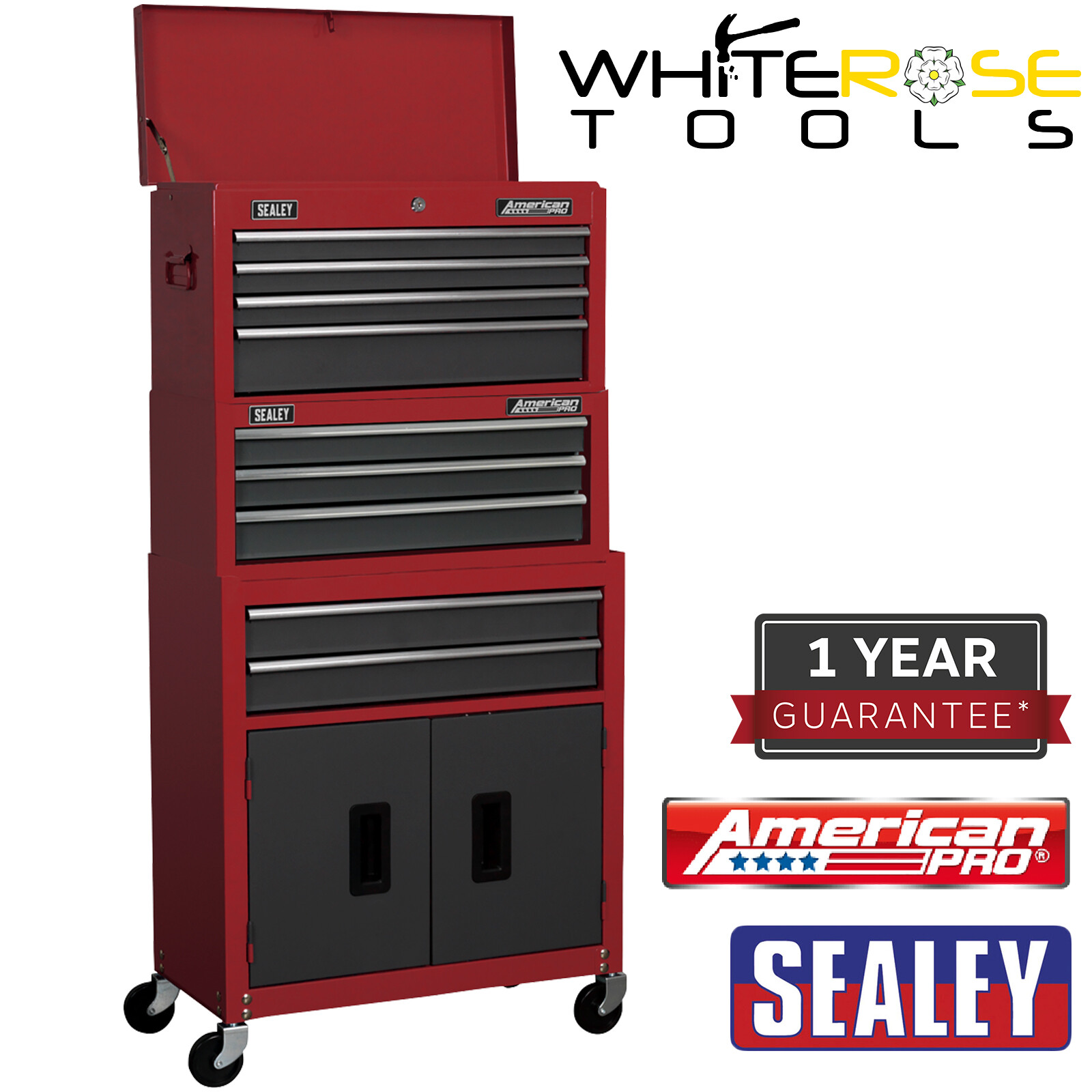Sealey American Pro Topchest, Mid-Box & Rollcab 9 Drawer Stack - Red