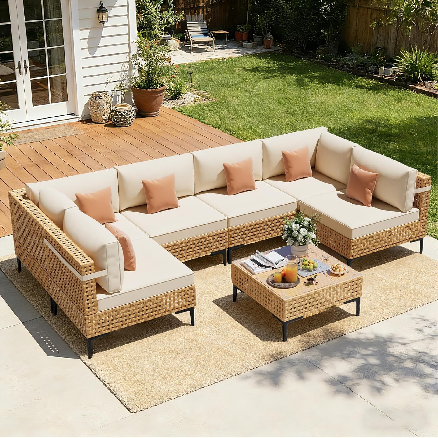 ABCASA Patio Furniture Set, 110" Large 7-Piece Wicker Outdoor Patio Furniture Se