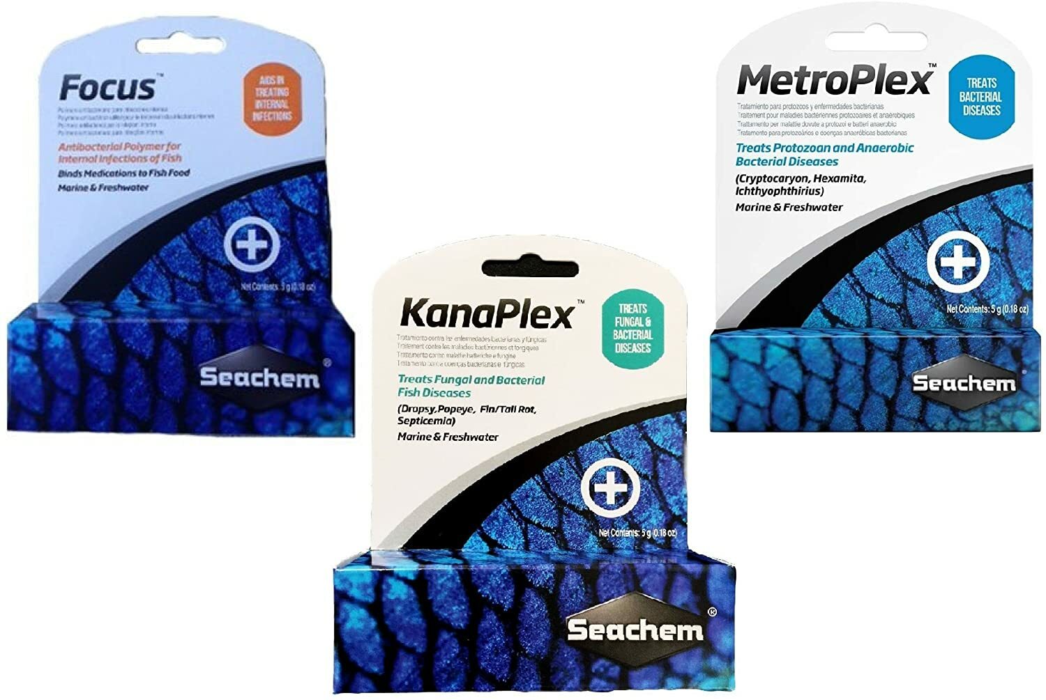 Seachem 3 Piece Treatment Kit, 1-Focus, 1-Metroplex, and 1-Kanaplex (5 Grams Eac