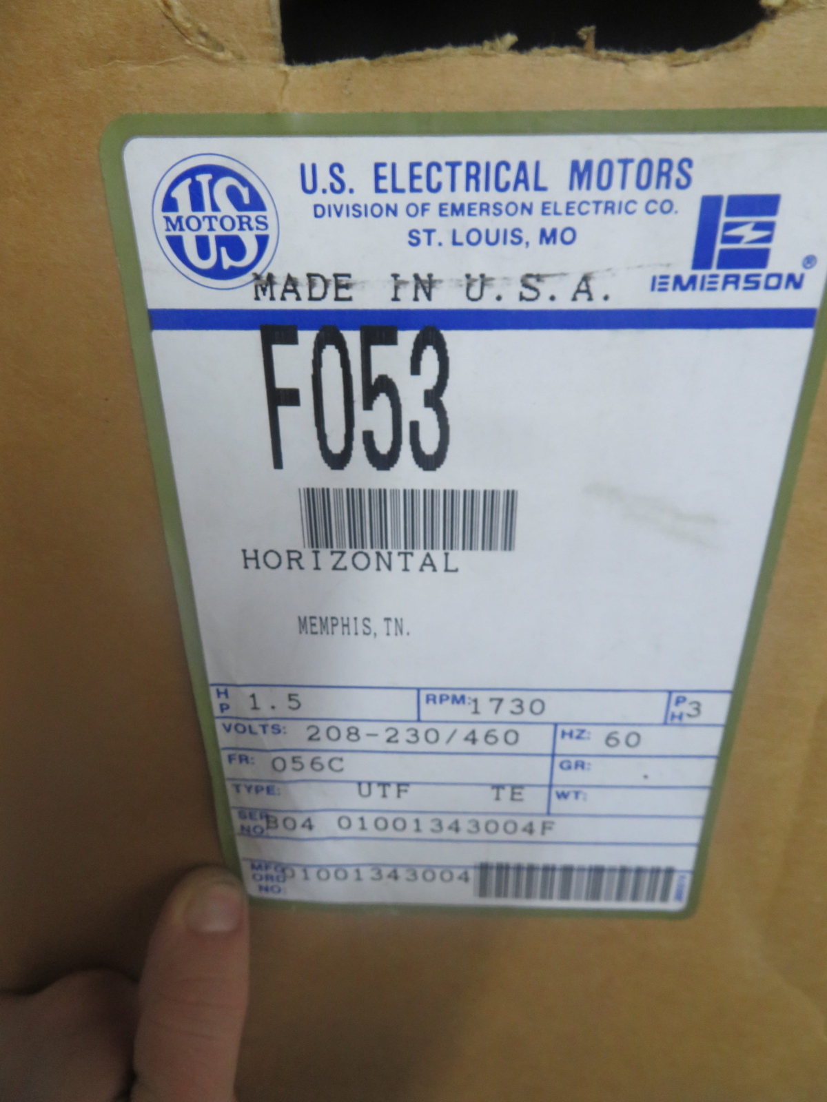 NIB U.S Motors F053 1.5HP 1730RPM UTF-TE 056C Frame Motor + 1 Year Warranty