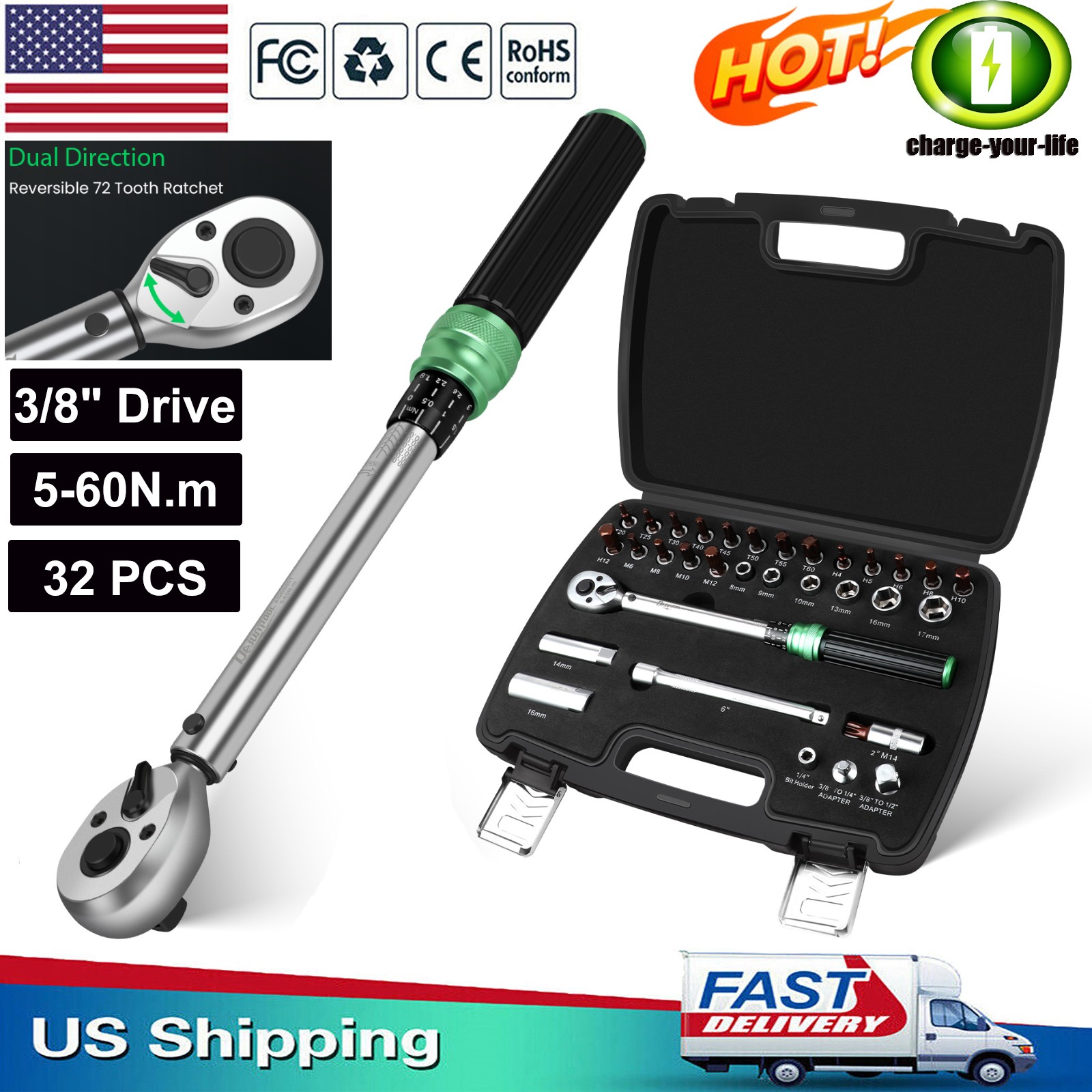 ✅32Pc 3/8" Drive Torque Wrench Adjustable Torque Wrench 5-60N.m -Clear Readouts
