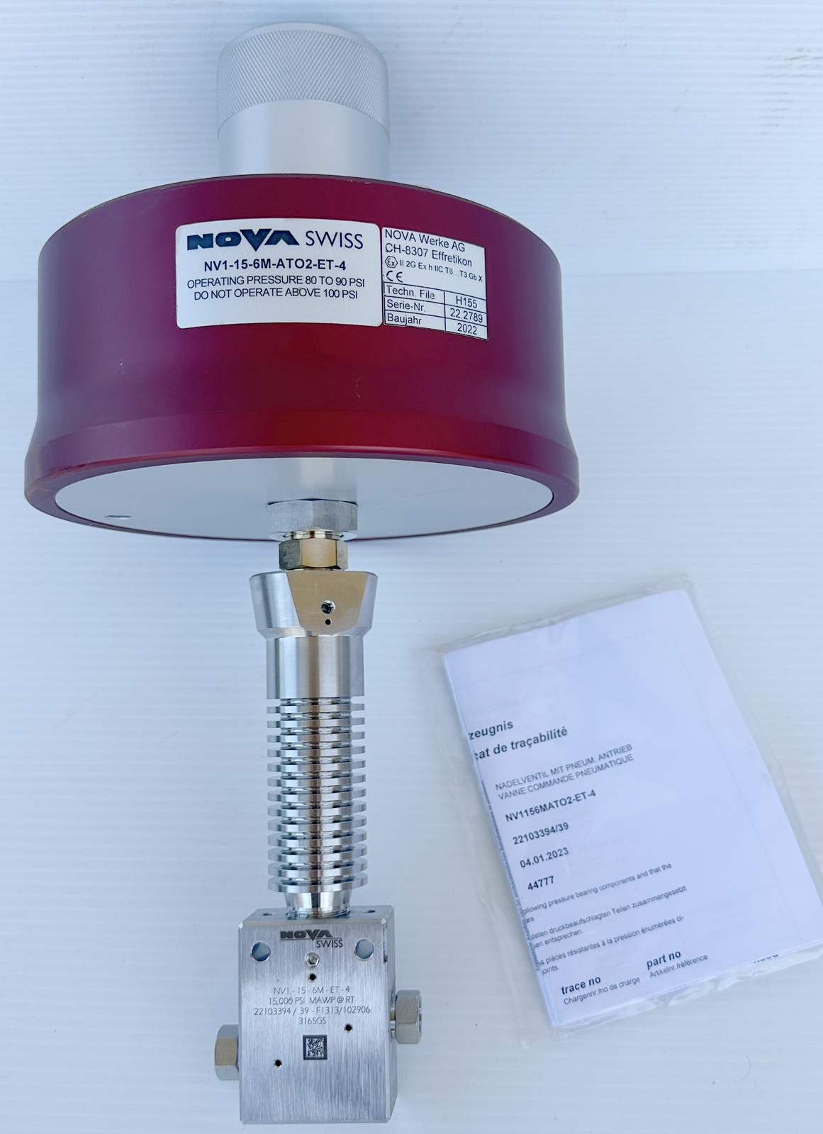 Nova Swiss NV1-15-4M-ATO2-ET-4 15kpsi Air to Open Valve + Certificates *NEW*