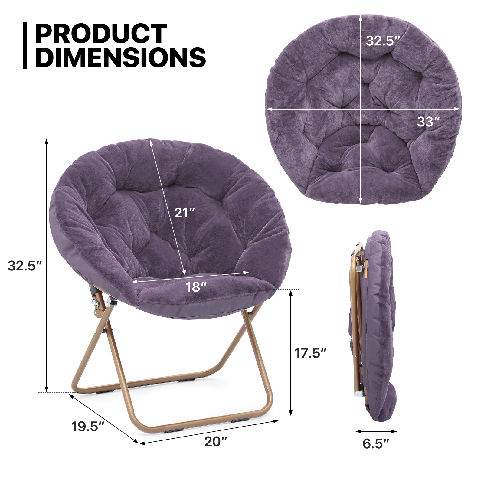 Purple Folding Faux Fur Saucer Accent Chair Padded Seat Moon Chair w/Metal Frame
