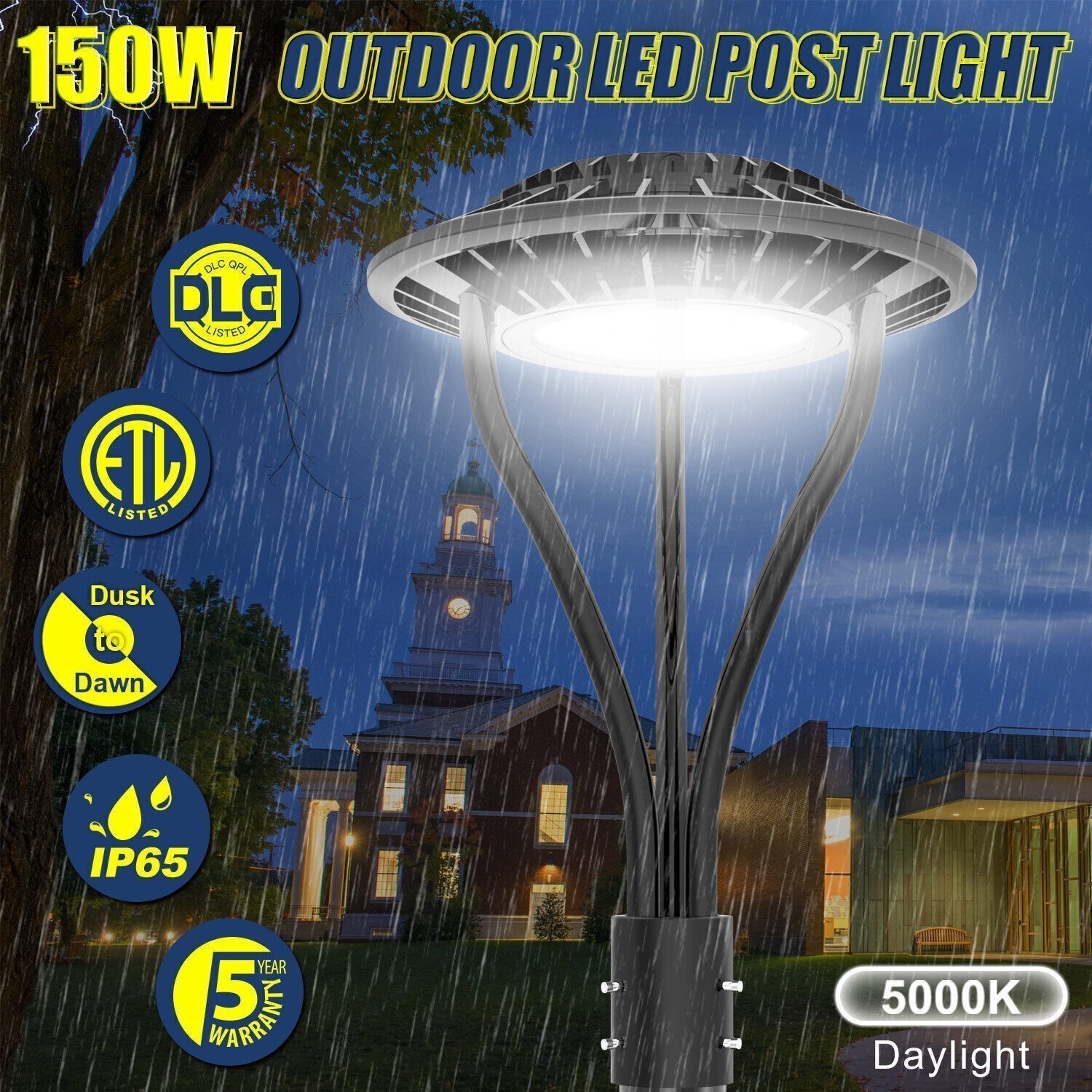 150W LED Post Top Light Dusk to Dawn Parking Lot Pole Fixture 5000K Outdoor Yard