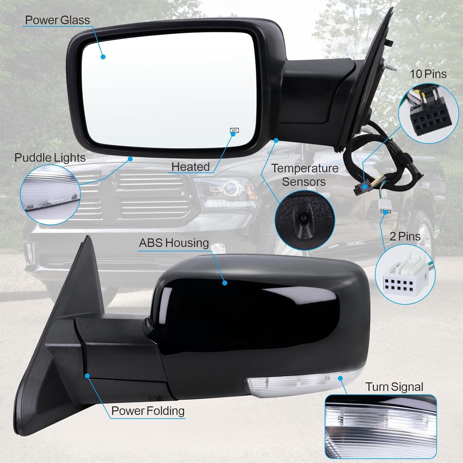 Left/Driver Fits 2013-2019 Dodge Ram 1500 Power Fold+Heated+Temp Sensor Mirror