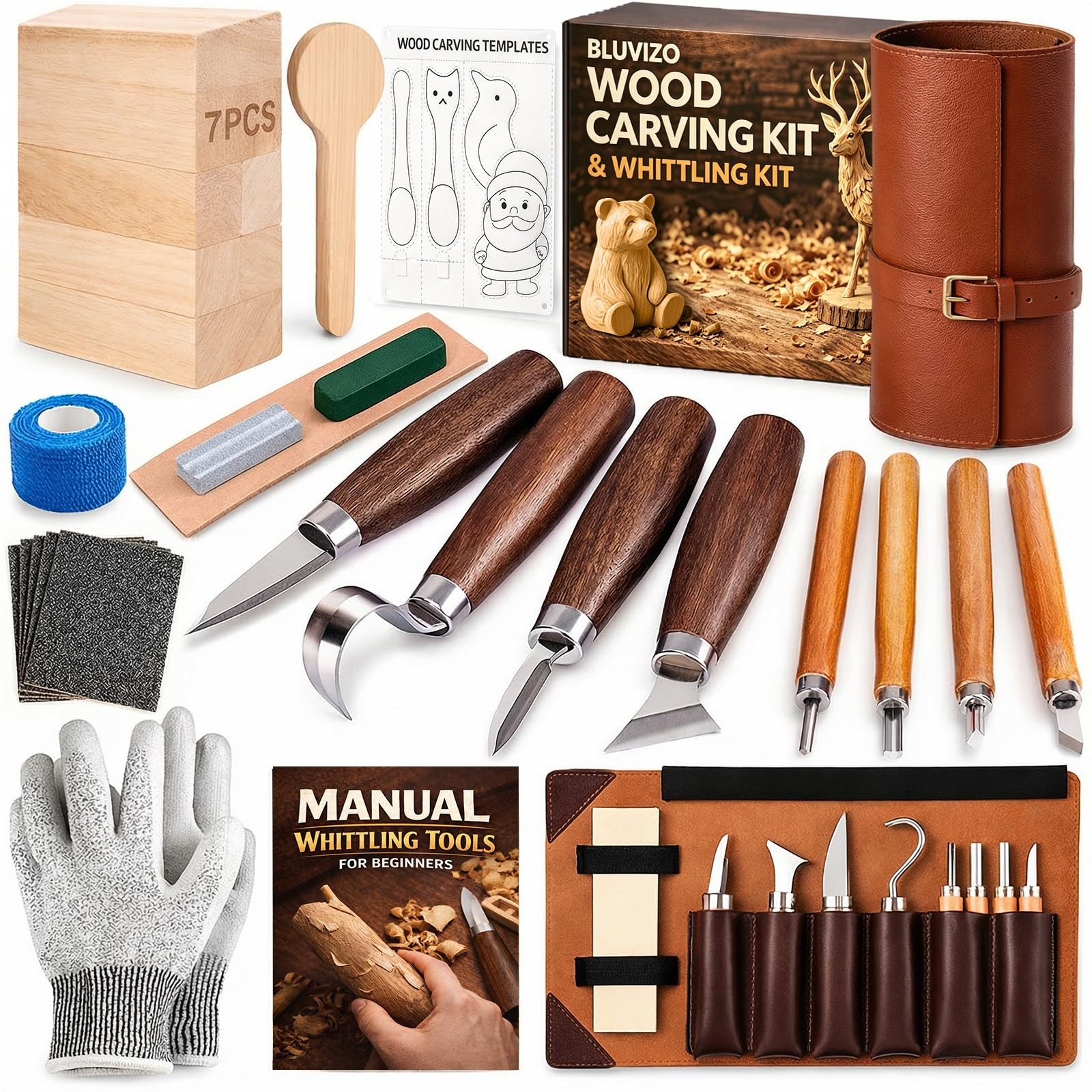 Best Wood Carving Kit Whittling Kit Deluxe Tools Knife Set with Leather Case -