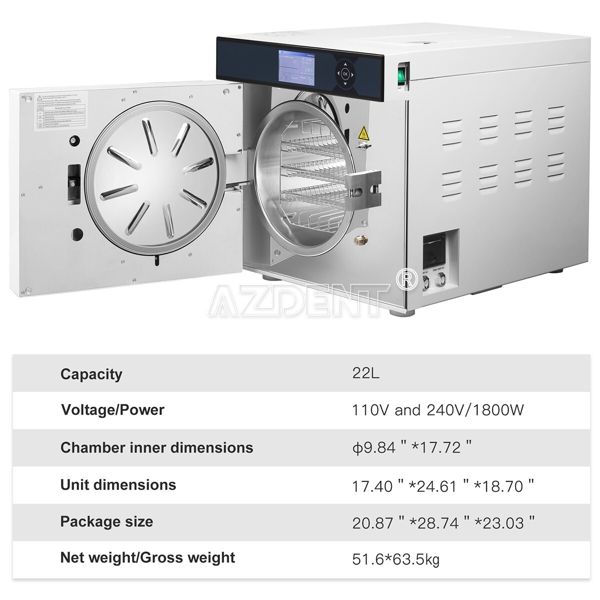 22L Class B Steam Sterilizer Dental Autoclave Pulsation vacuum With Printer