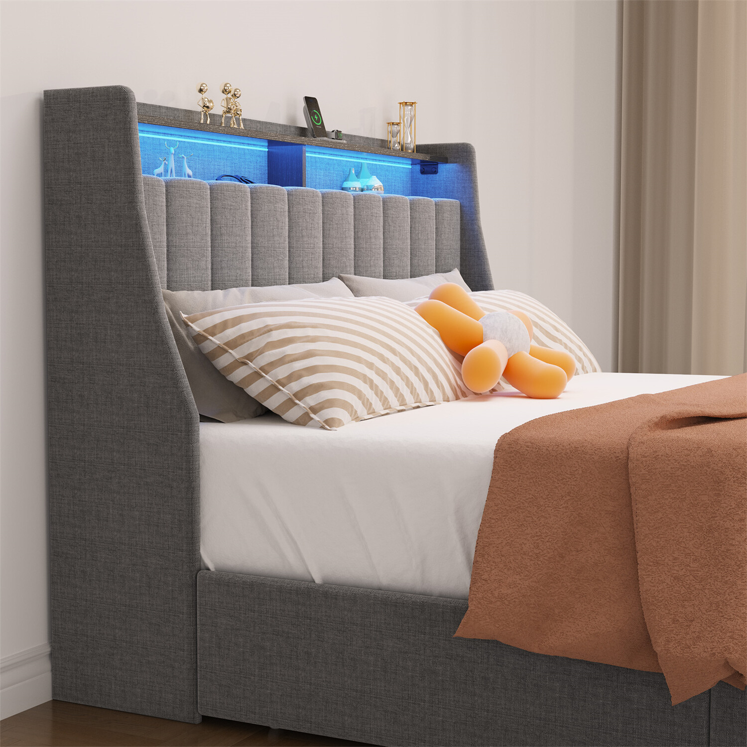 Queen Size Bed Frame Upholstered Platform Bed w/ LED Lights Headboard & 4 Drawer