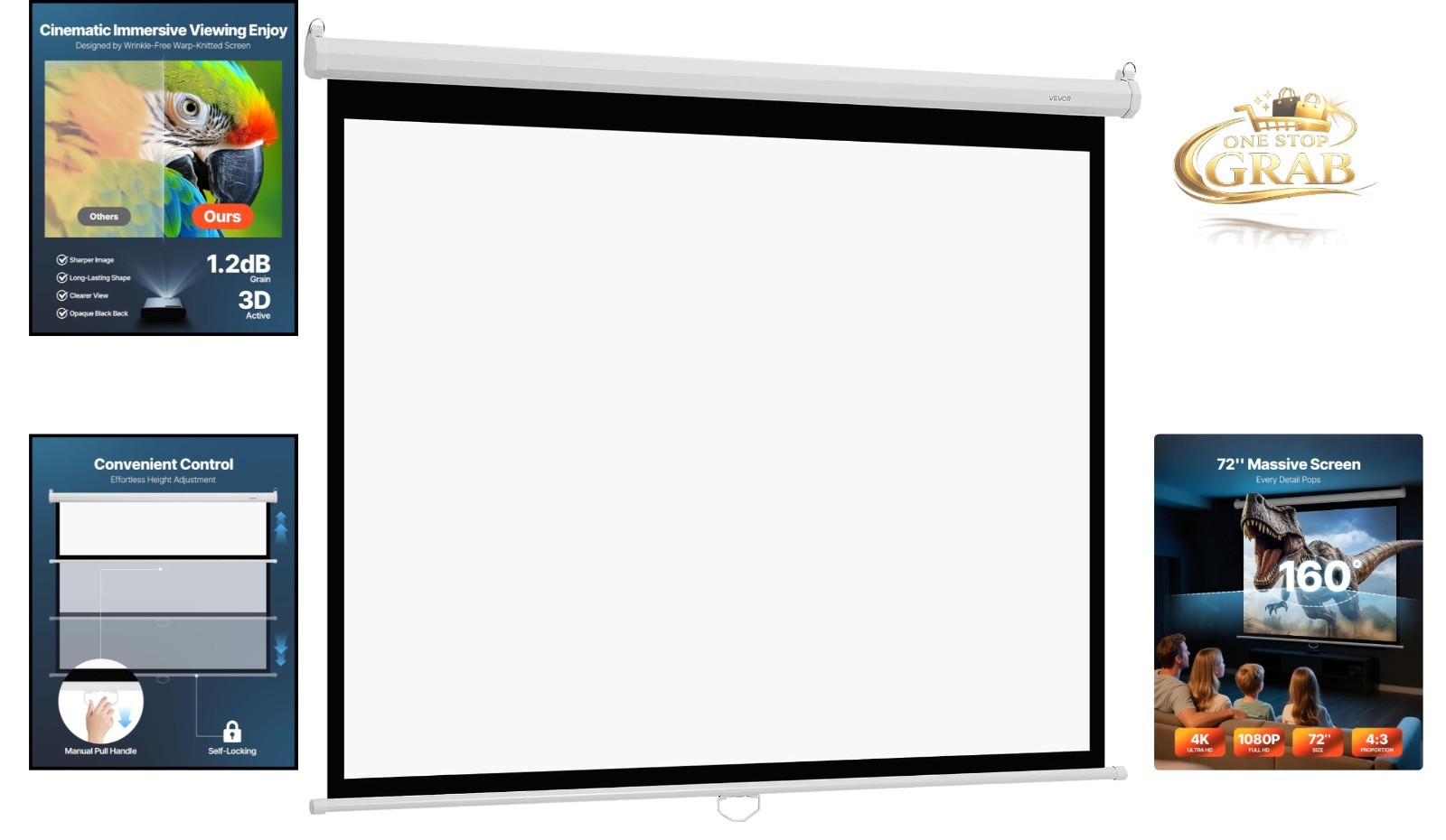 Manual 72 Inch Projector Screen 4K HD Wall Mount Retractable with Pull Rope