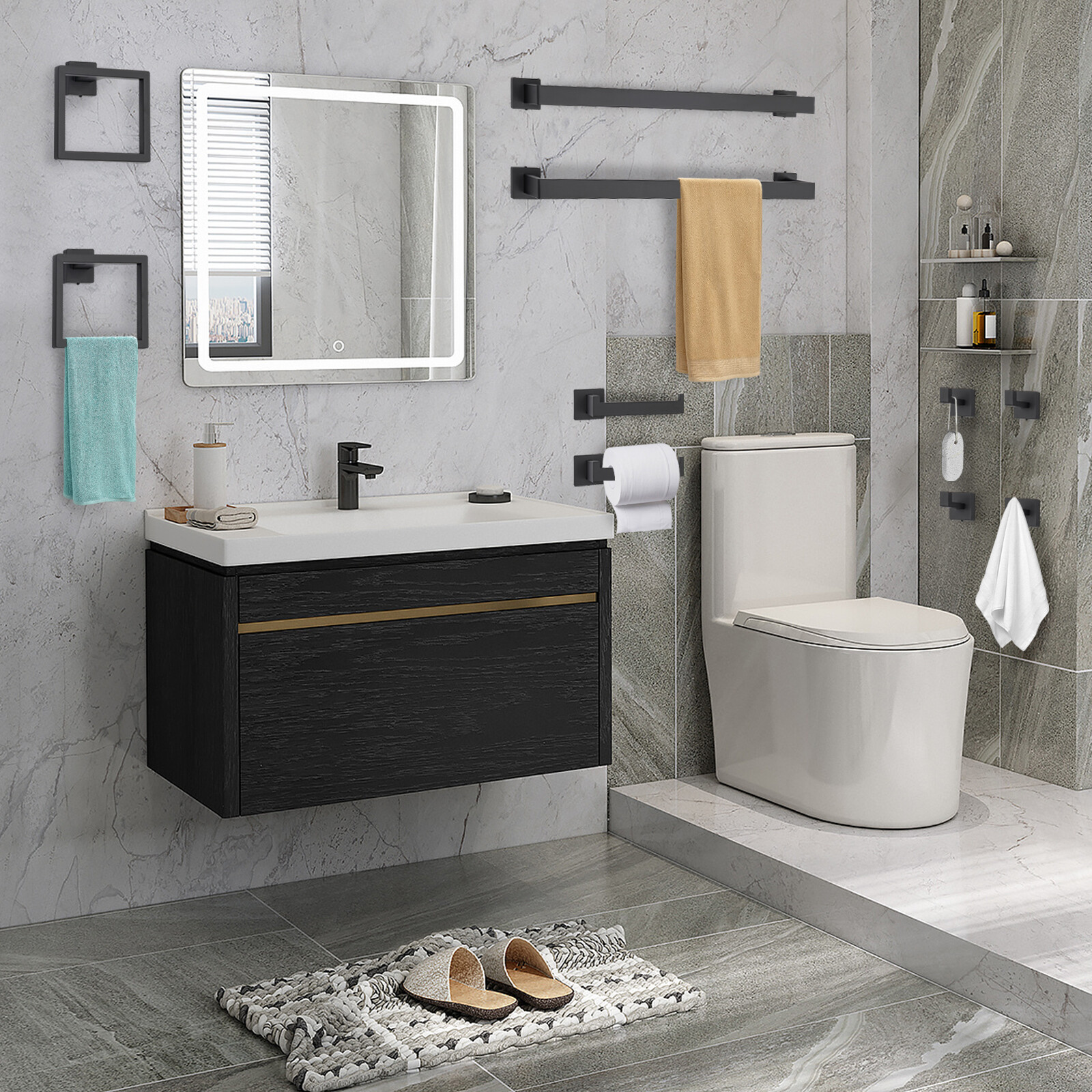 10-piece Matte Black Bathroom Accessories Set Wall Mounted Bathroom Towel Bars