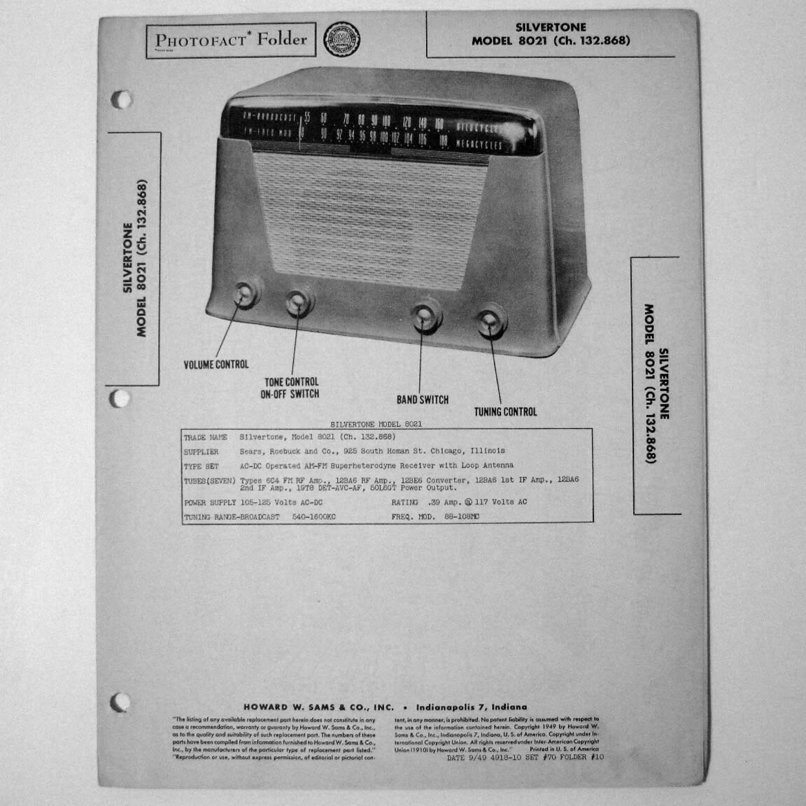 Silvertone Model 8021 AM Radio - SAMS Photofact ™ 1949 - New