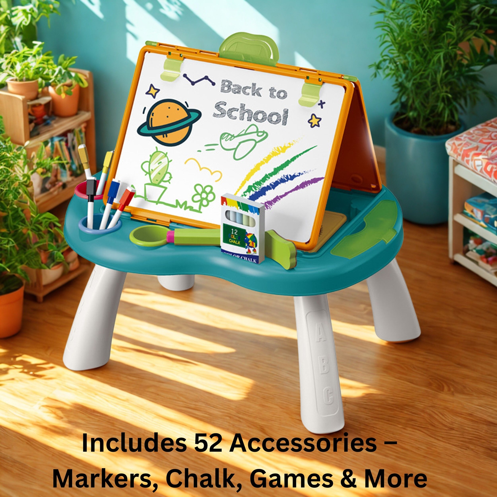 Portable Kids Art Station – Foldable Double Board Easel with Markers, Chalk