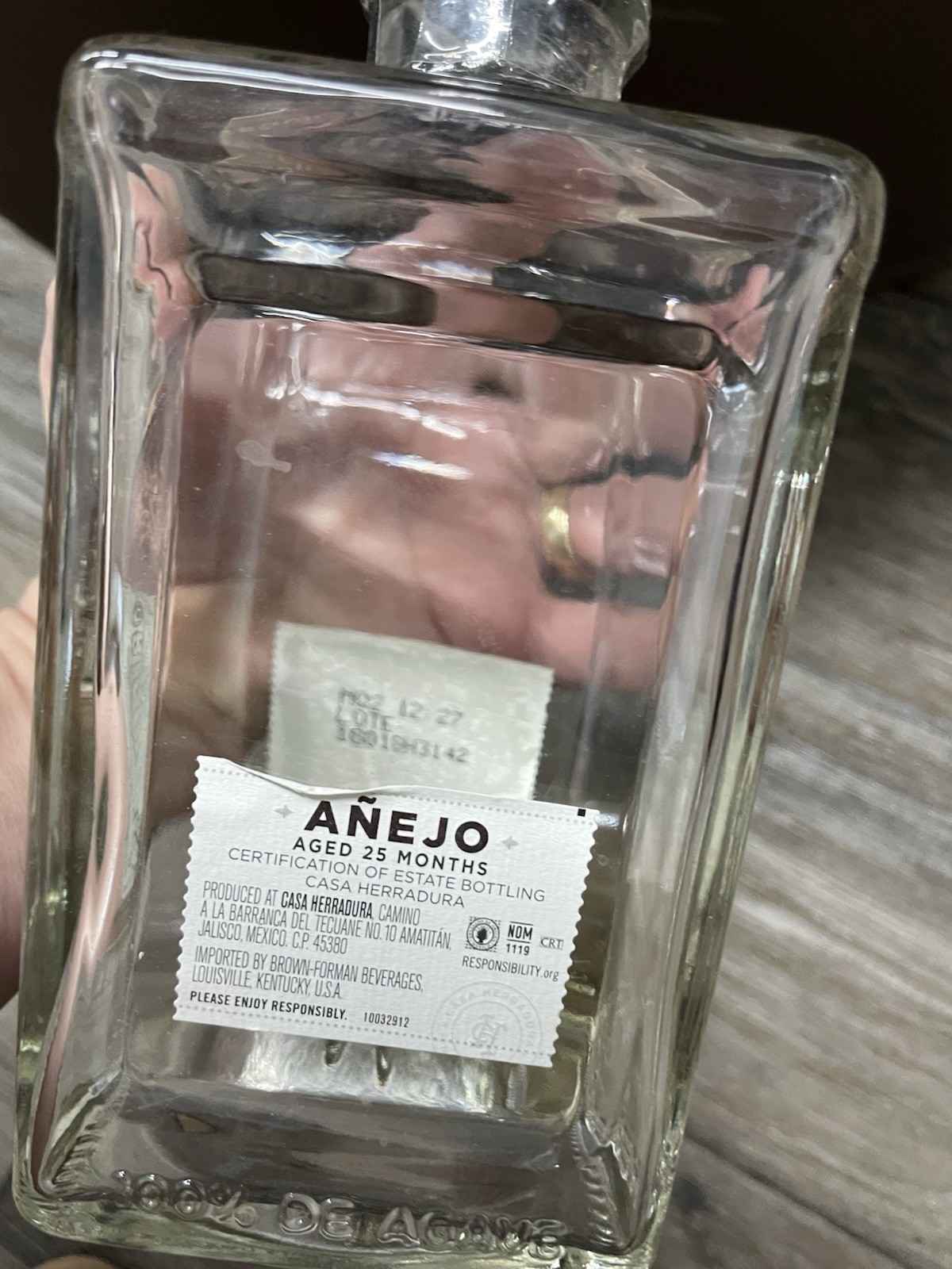 Añejo Herradura Clear EMPTY 750mL Bottle For Craft Or Decor