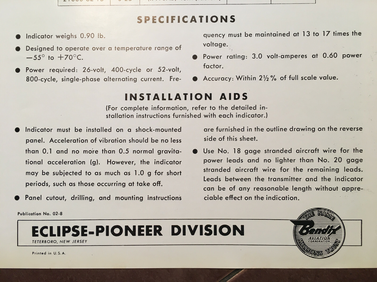 Fuel Pressure Indicator Magnesyn 21000 Description & Interconnect Data Sheet