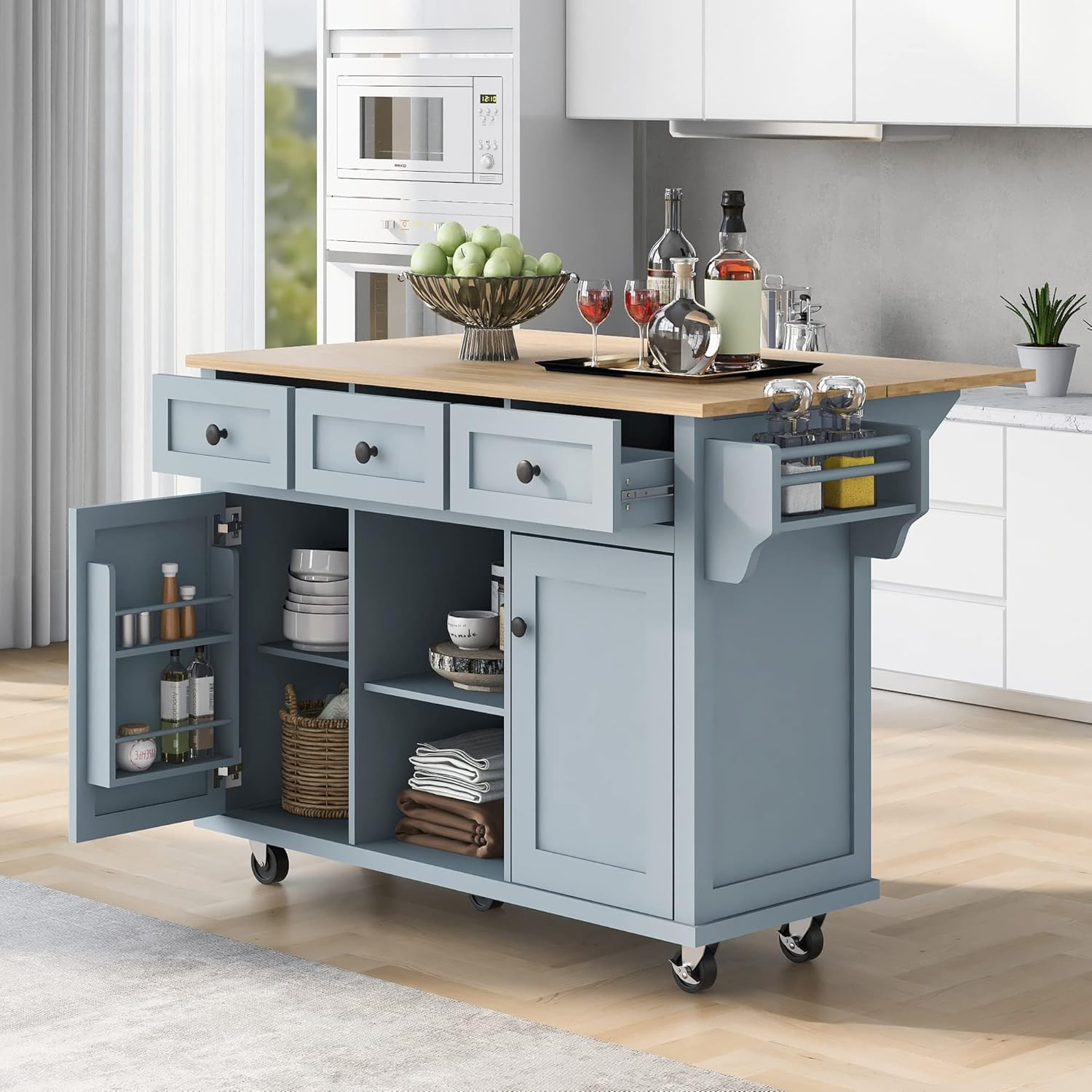 Grey Blue Kitchen Island Cart with Drop-Leaf, Storage, Wheels & Spice Holder