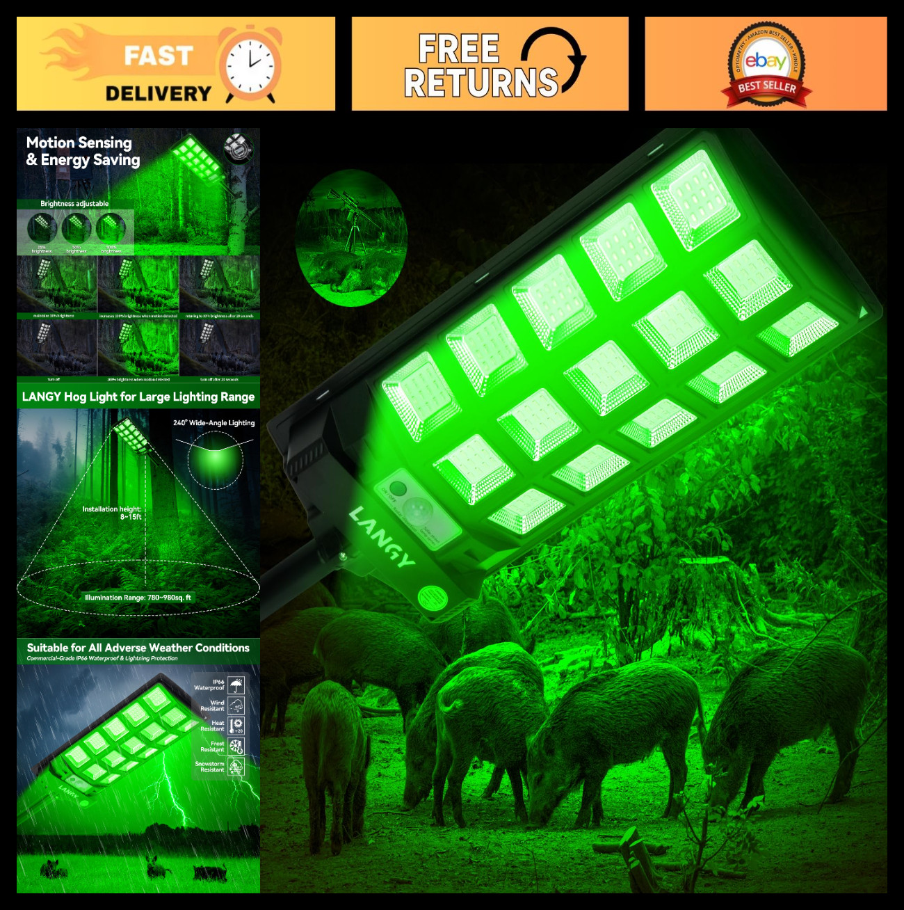 12000LM Waterproof Green Hunting Lights with Remote, Motion Sensor & Metal Brack