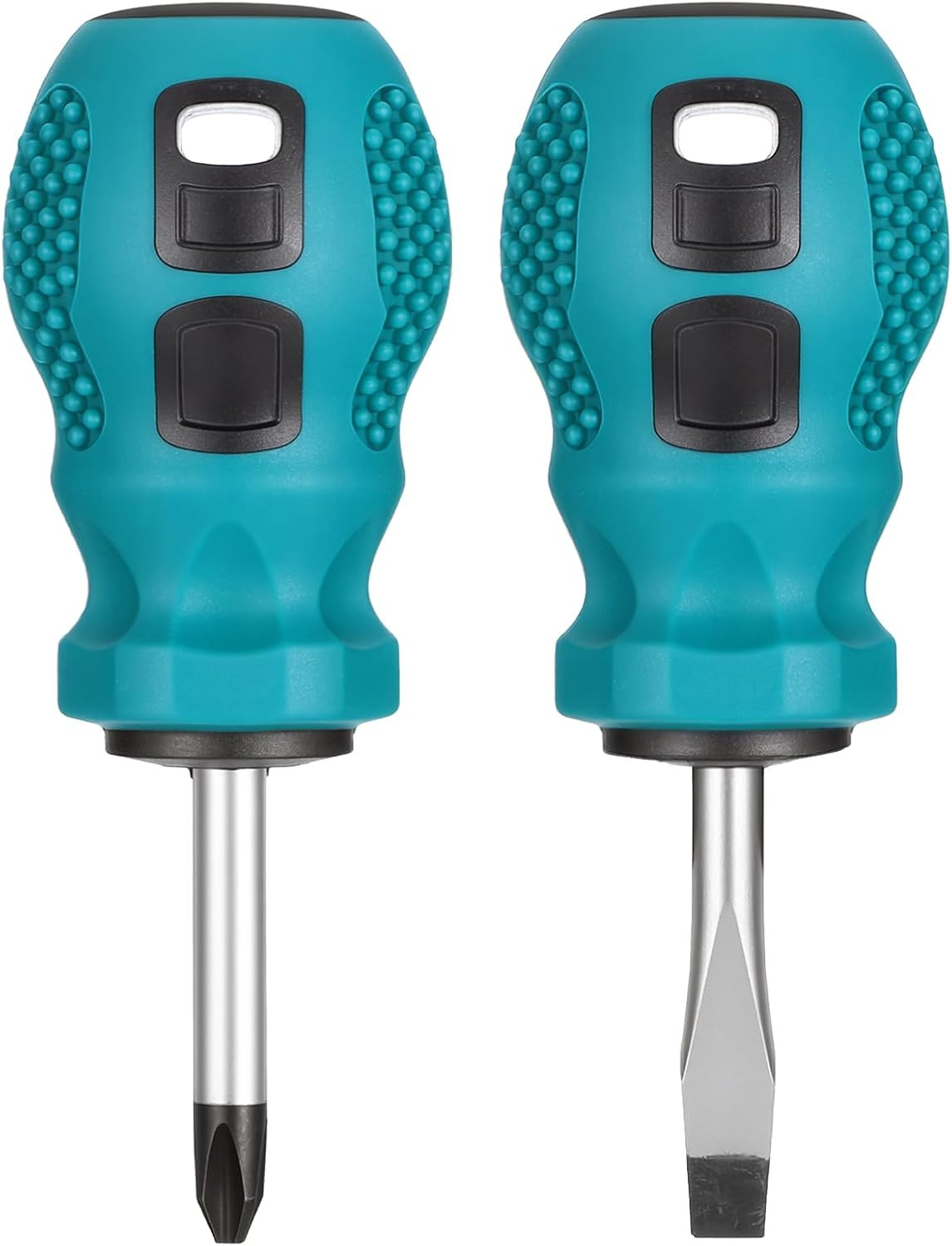 2Pcs Short Stubby Screwdriver Set 6mm x 38mm Slotted Phillip Rubber Handle Green