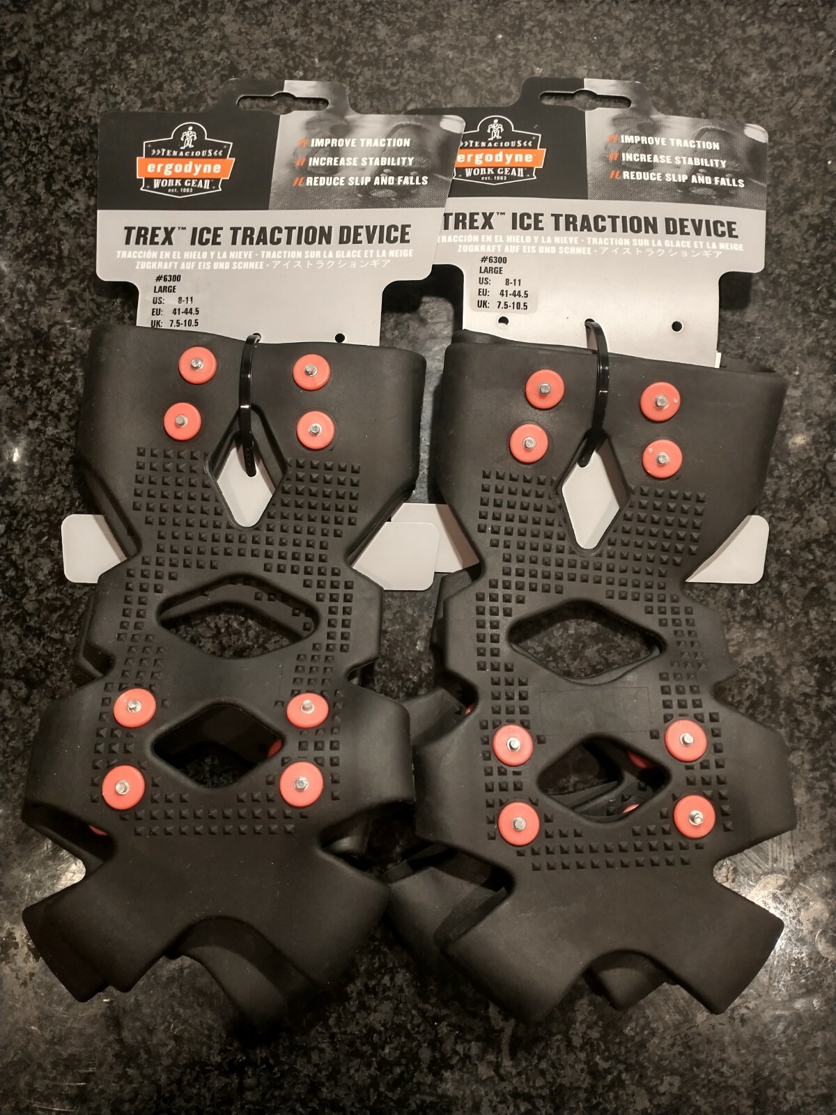 * 2 Pair of Ergodyne Trex 6300 Slip Over Shoe Boot Ice Snow Traction Grips LARGE