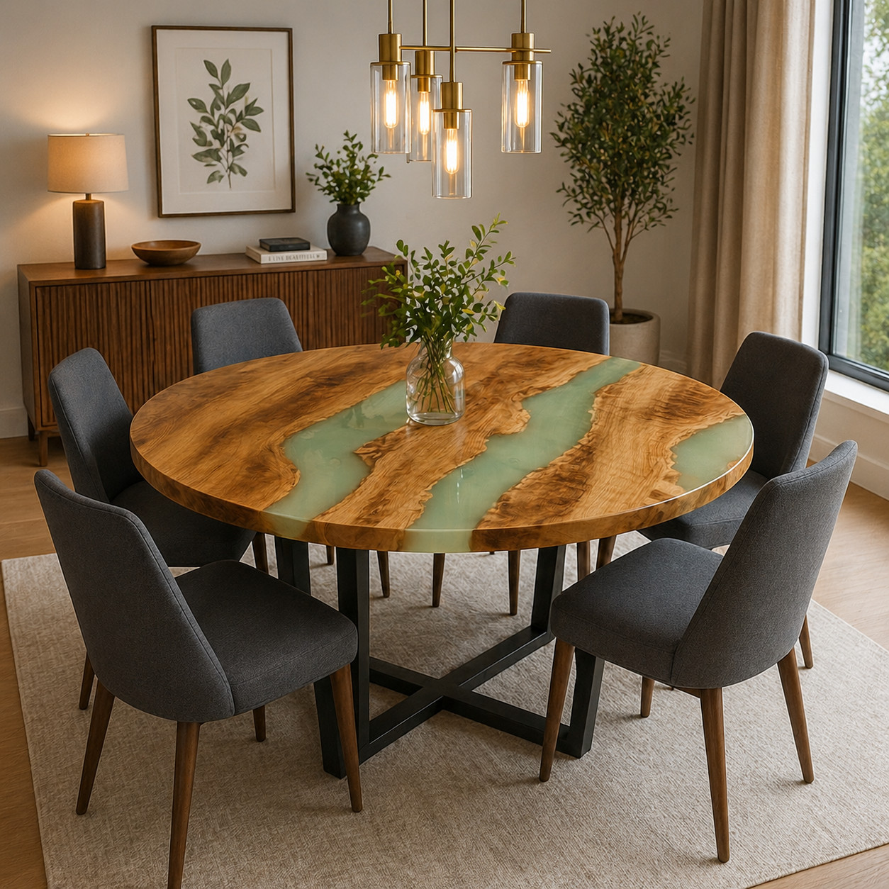 Handmade Olive Wood Mint Green Epoxy River Dining Table | Round Live Edge  18X18