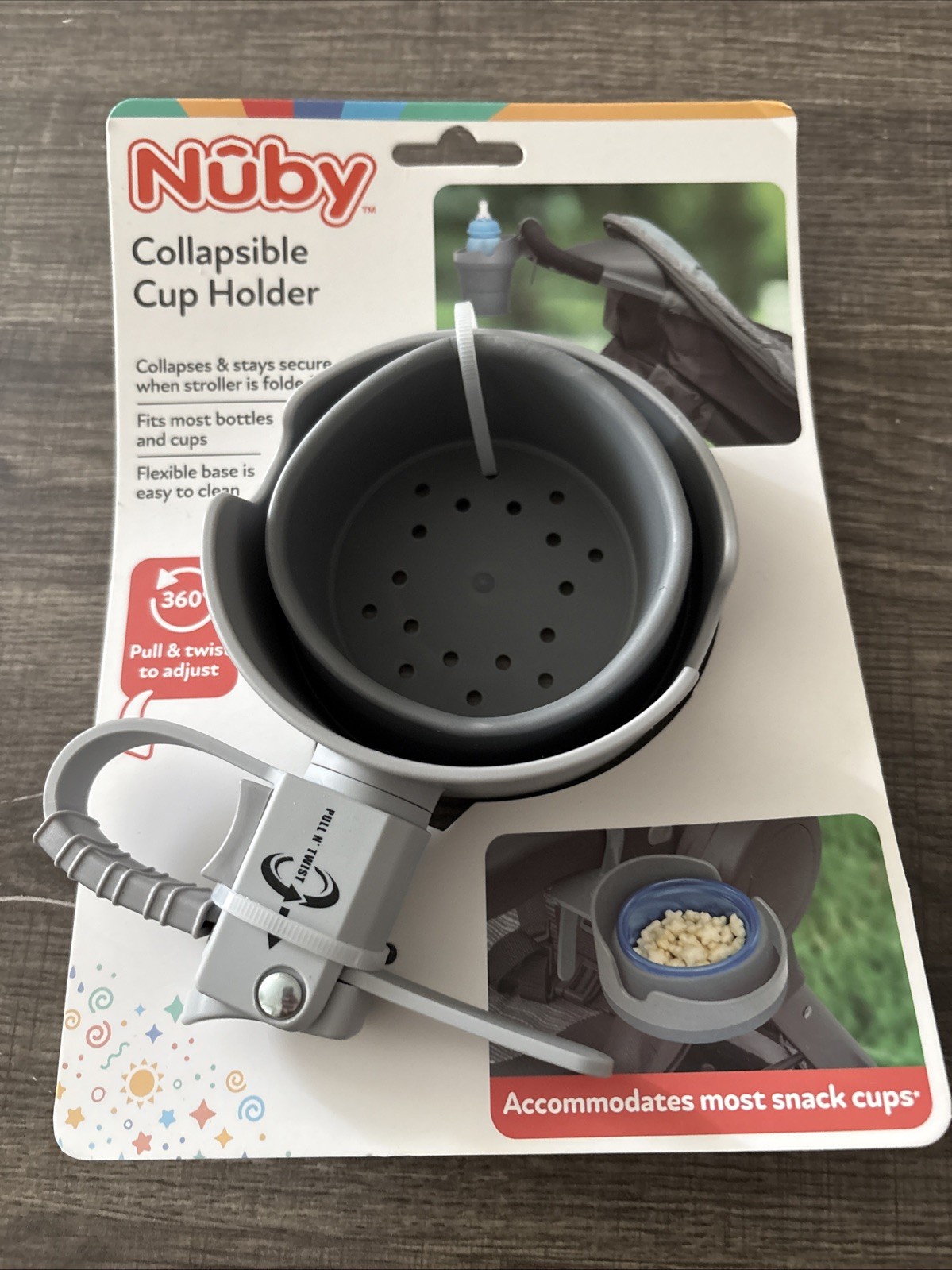 NEW Nuby Collapsible Gray Cup Holder, Flexible Base, Stroller/Chair Attachment