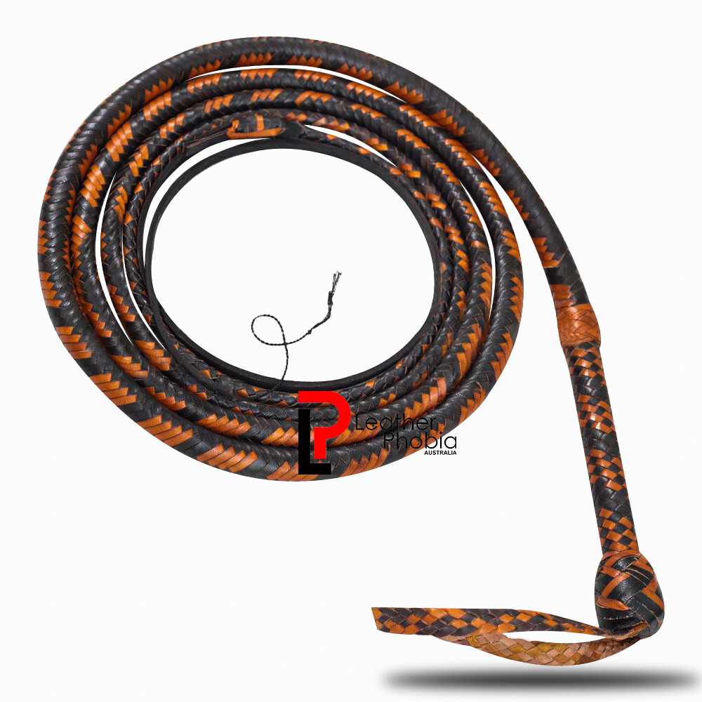 Natural Tan/Black Kangaroo Hide 10 Feet 16 Plaits Indiana Jones Style Bullwhip