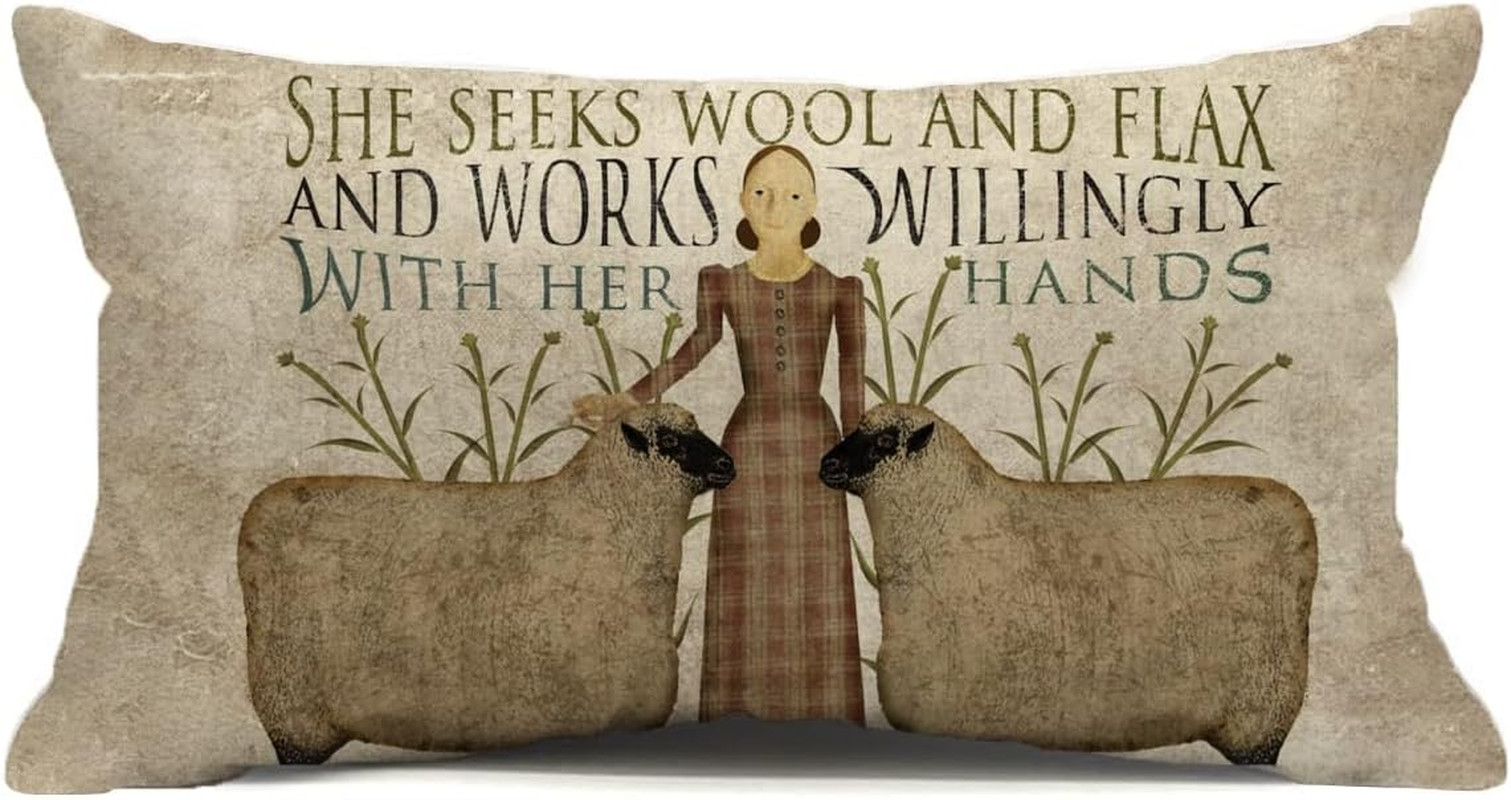 Retro Farmhouse Sheep Throw Pillow Cover 12X20 Inch Vintage Farm Wools Flax Quot