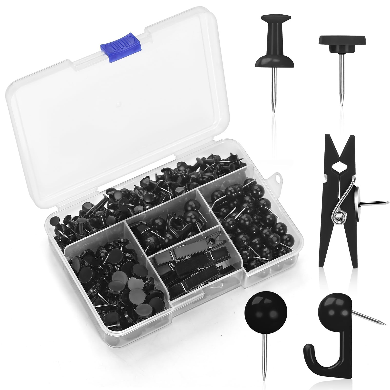 GOOLADA 275pcs Black Push Pins,5 Styles TACS, Black Thumb Tacks, Plastic Head Pu