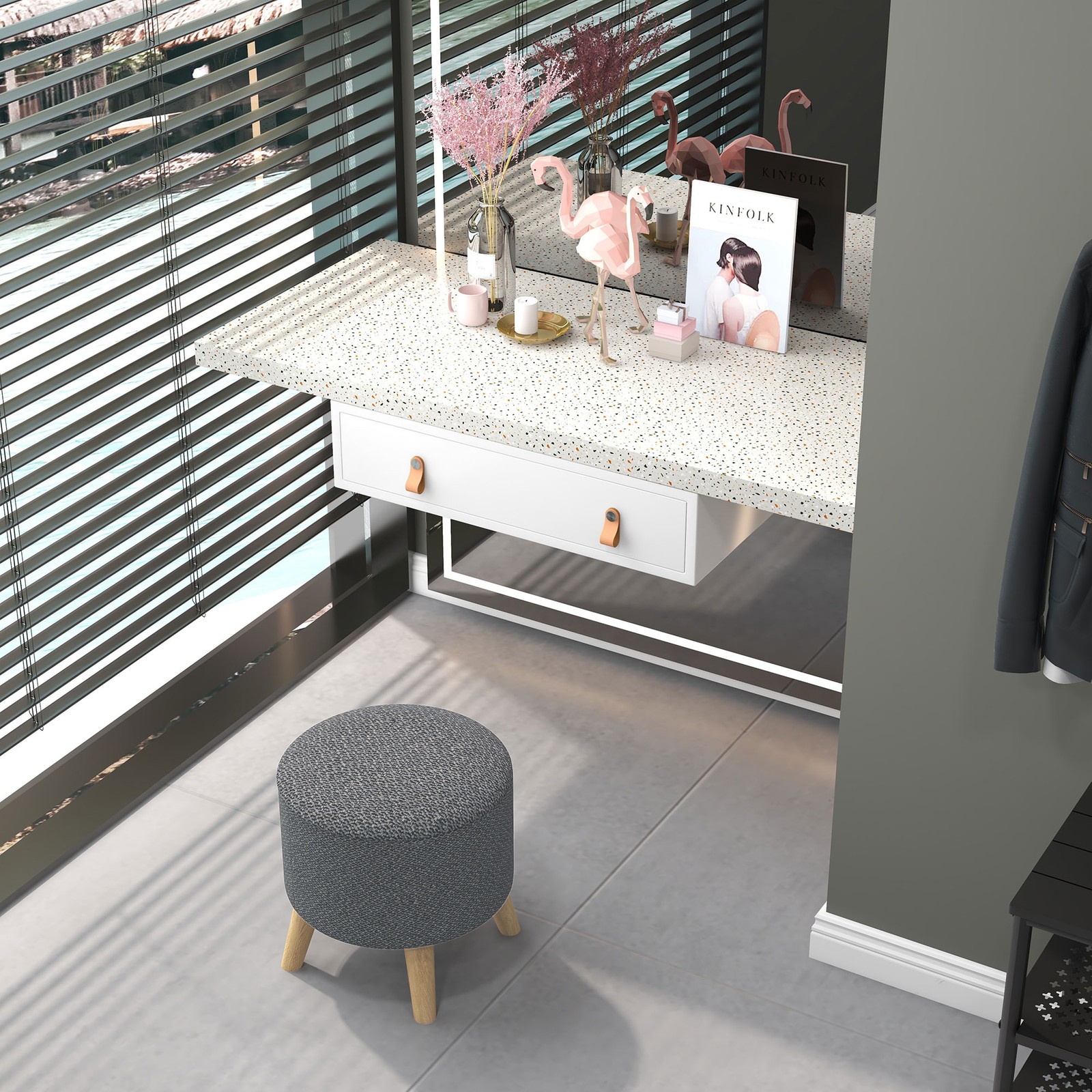Gray Round Storage Ottoman, Cushioned Stool Chair with Hidden Storage