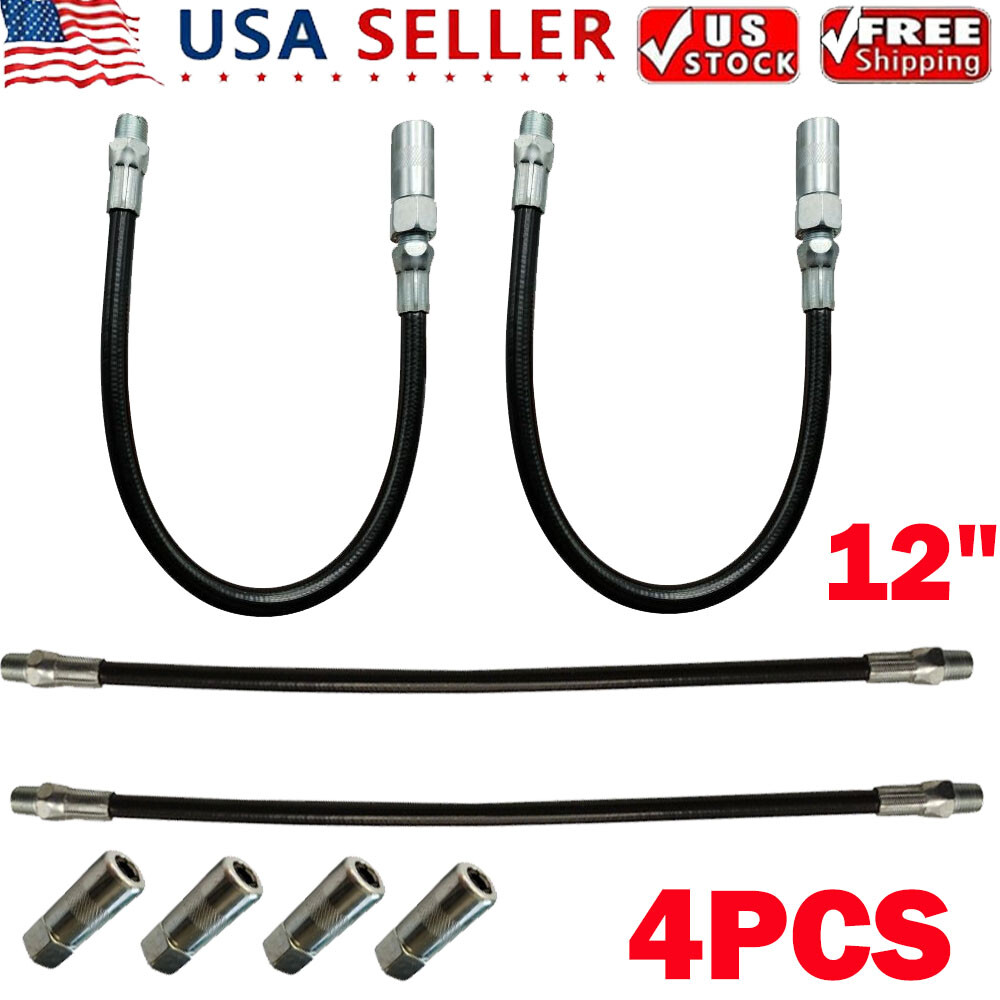 4x 12" Flexible Grease Gun Hose With Coupler Nozzle Long Extension 1/8"NPT US