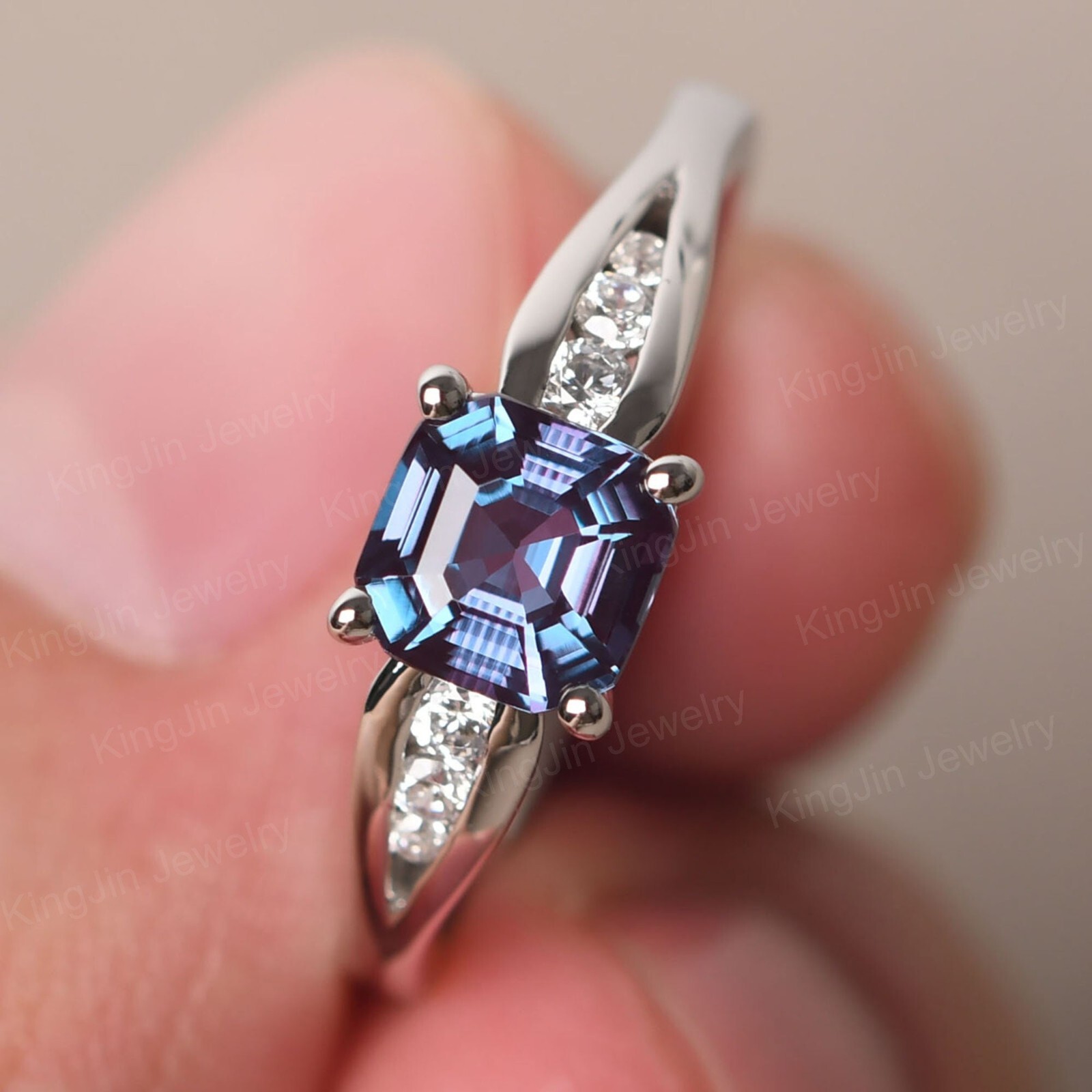 lab created Alexandrite Anniversary Ring Silver Asscher Cut Color Changing rings