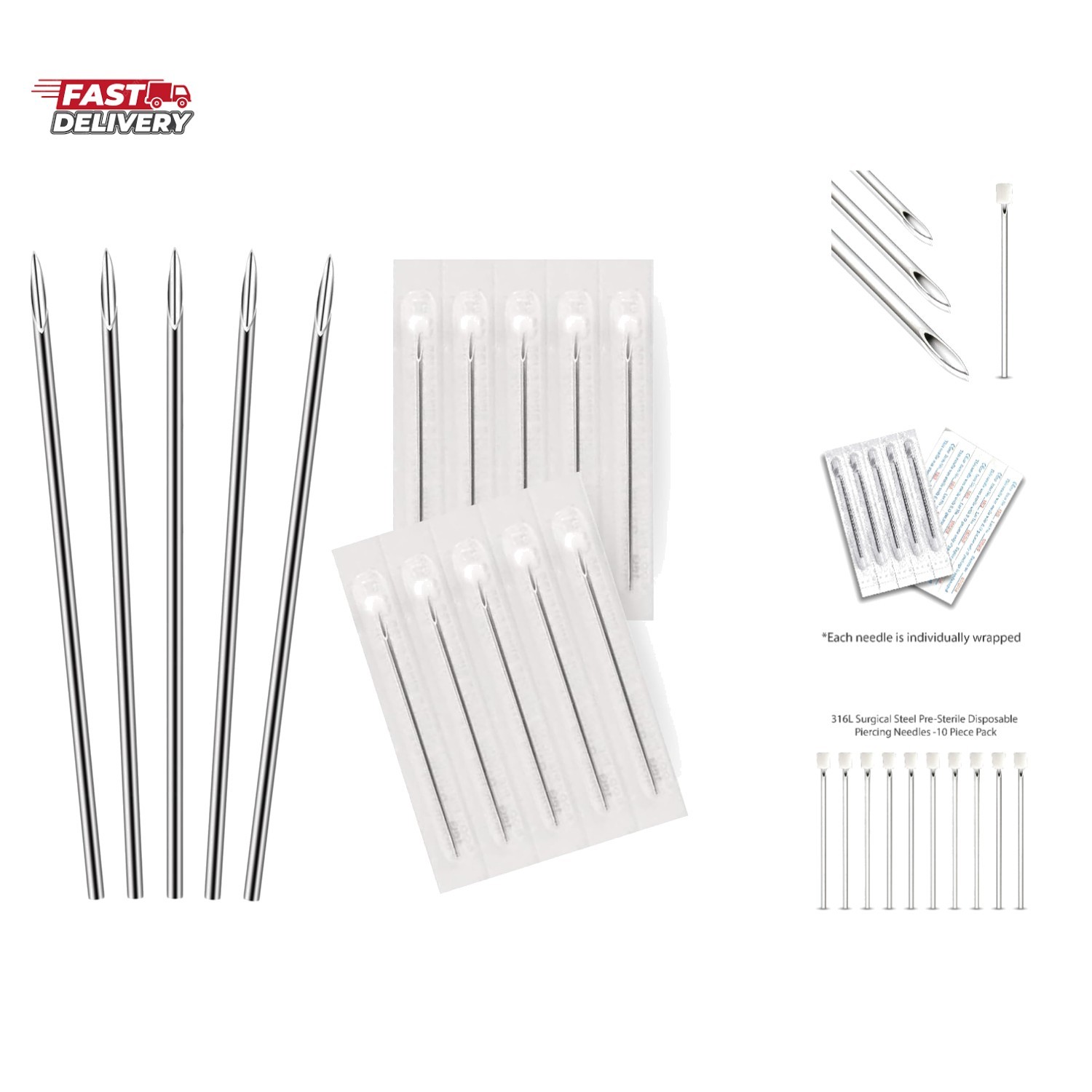 10PC Piercing Needles 18G - Sterile Disposable Sharp Surgical Stainless Steel...