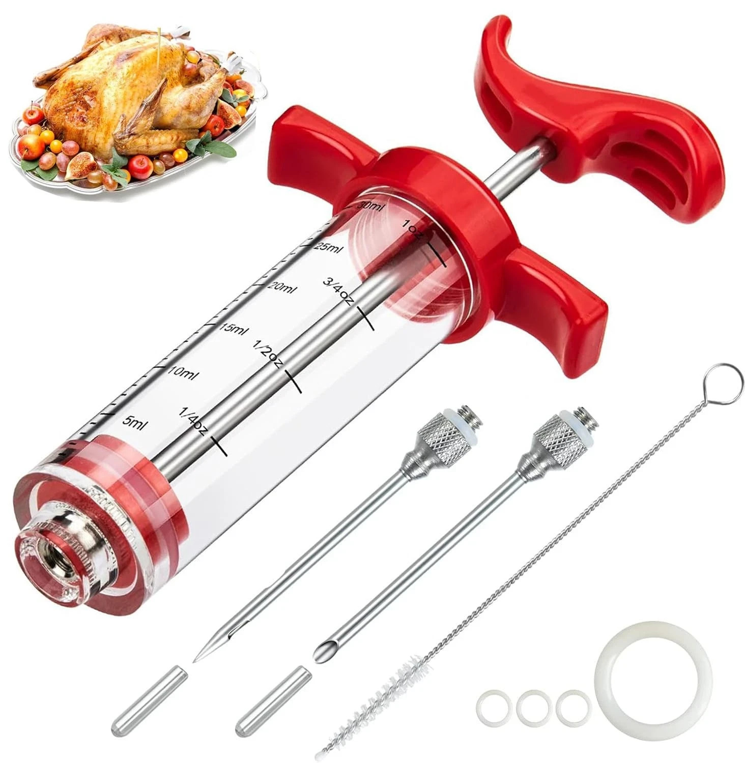 Meat Injector Syringe 1oz Plastic Marinade Turkey Injector Kit 2 Marinad Needles