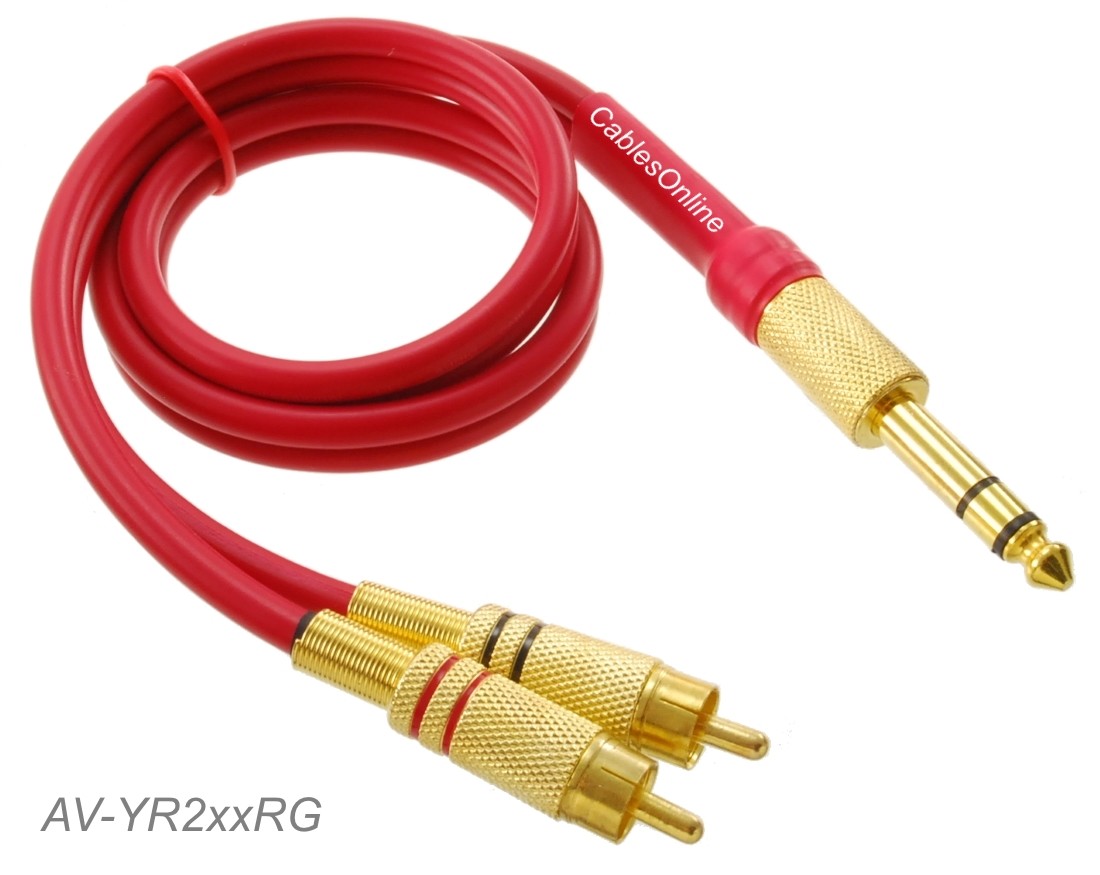 Flexible 1/4" TRS Stereo Male to 2-RCA Left/Right Male Red Audio Cable