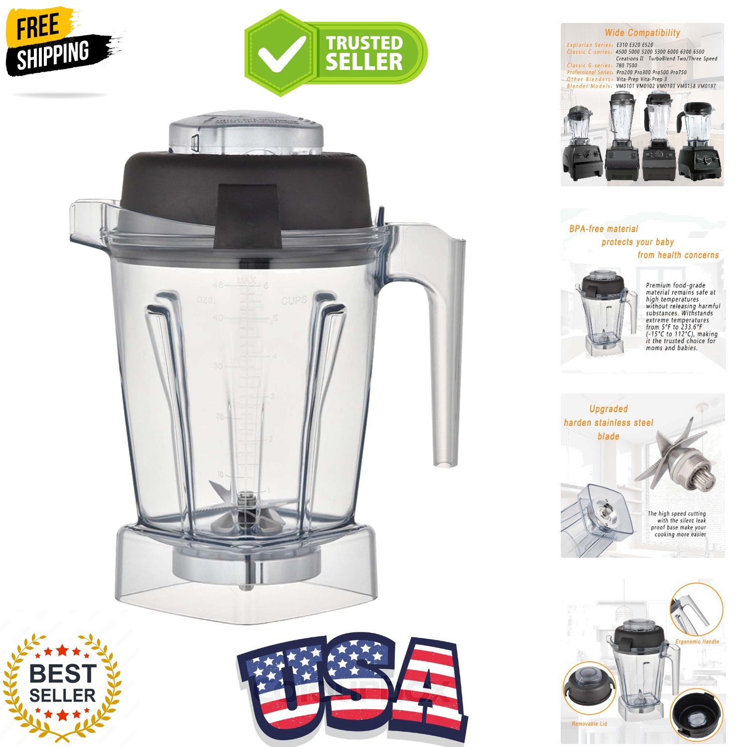 for Blenders 48oz Container, replace E310 E320 5000 5200 6300 6500 7500 Pro 2...