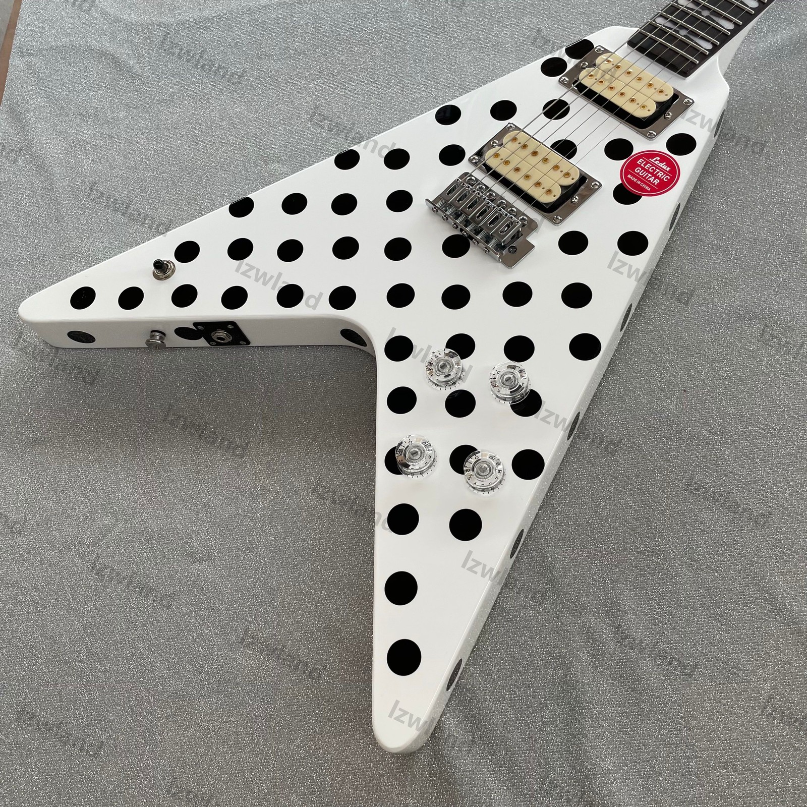 V Shape Electric Guitar H-H Pickups Black Polka Dot White Finish Chrome Hardware