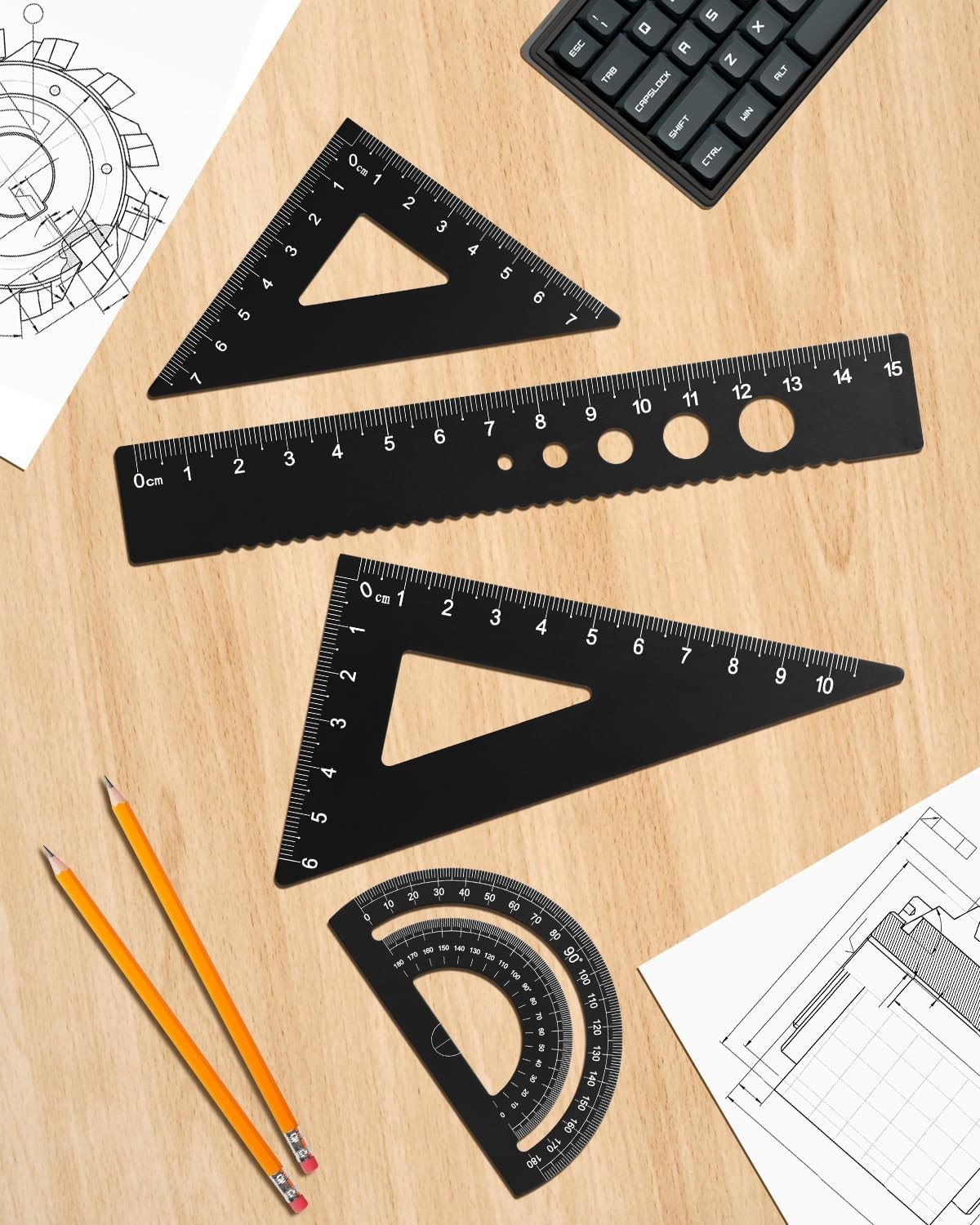 Triangular Ruler Set, 4 Pieces Aluminum Alloy Ruler, Metal Drafting Ruler,