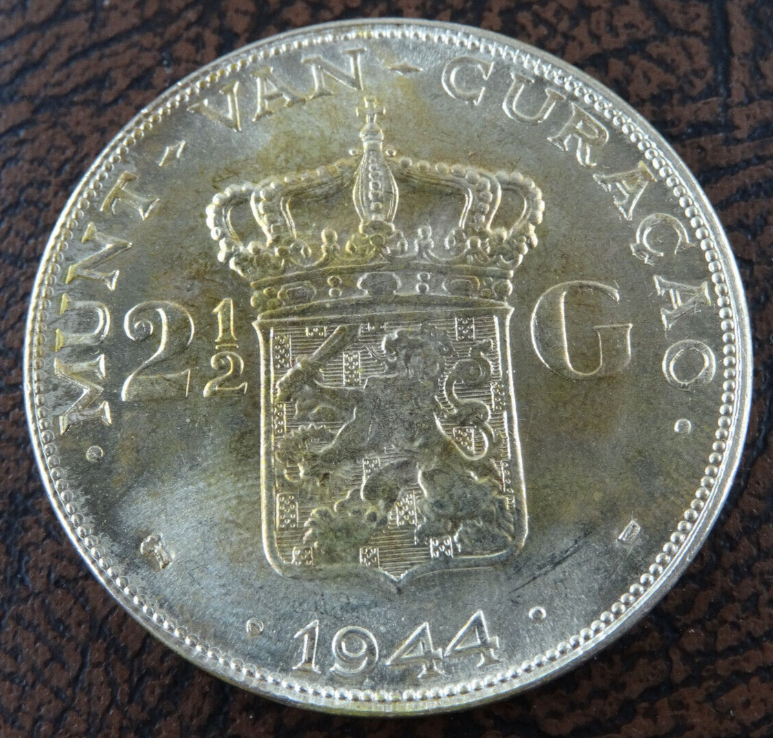 1944 Netherlands 2 1/2 Gulden Unc Silver Coin .720 KM #46 Wilhelmina Nederlanden