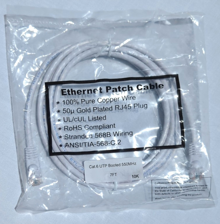 Ethernet Patch Cable Gold Plated 50μ RJ45, 100% Pure Copper Wire 7Ft White New