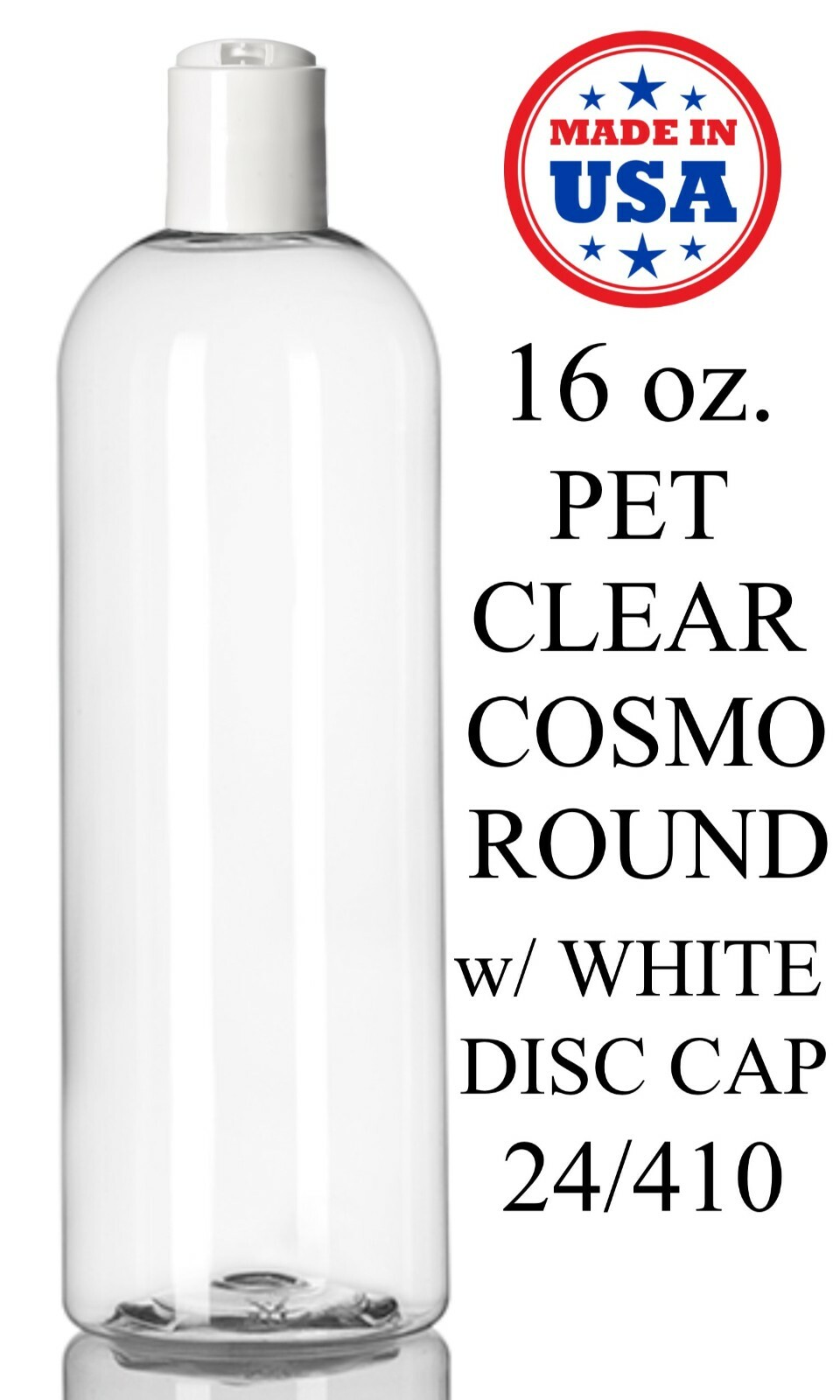 16 oz. Cosmo Round PET Plastic Bottles Empty With White Disc Cap Bulk Lot