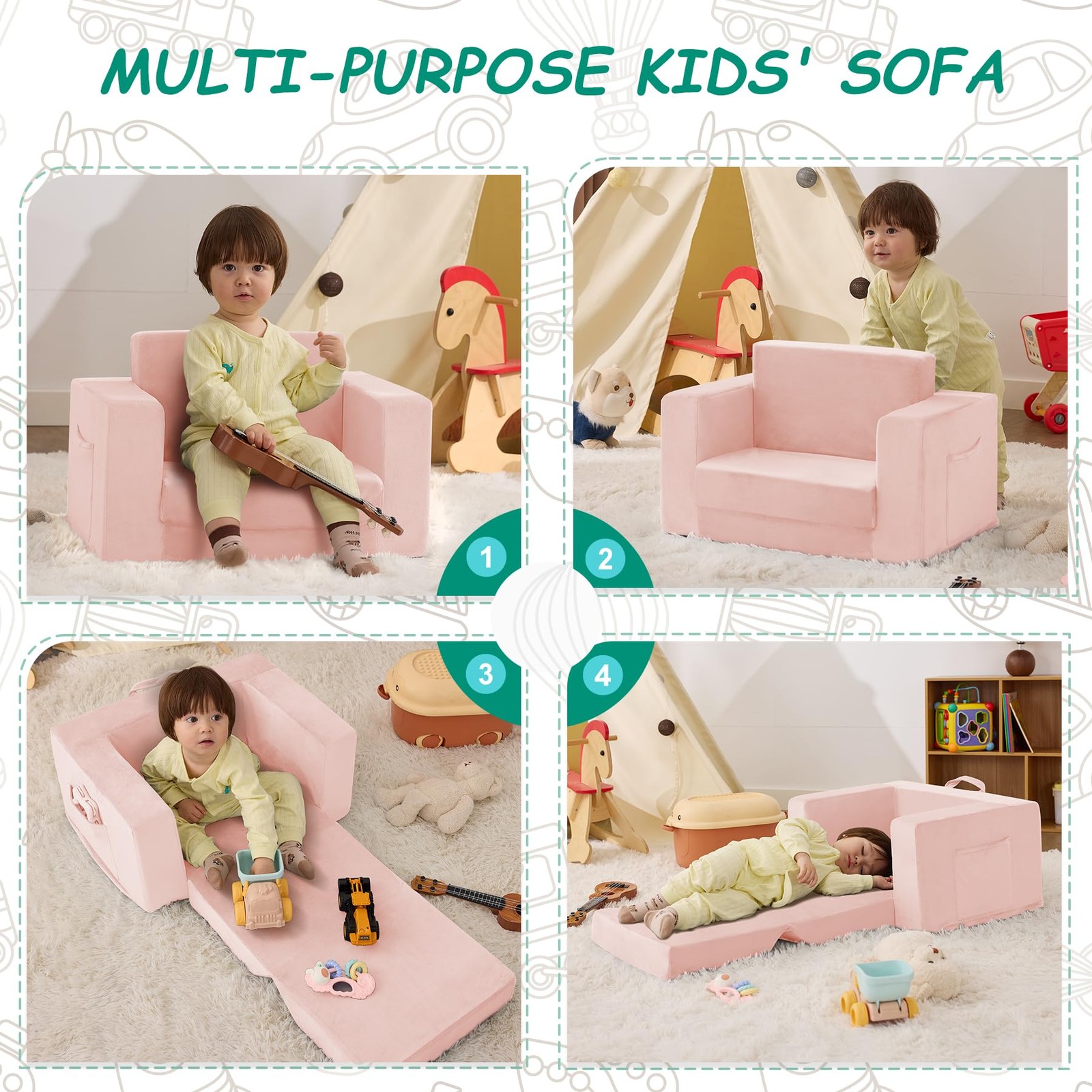 Kids Couch, 2-in-1 Toddler Chair Comfy 1-3 Years, Convertible Kids Chair, Tod...