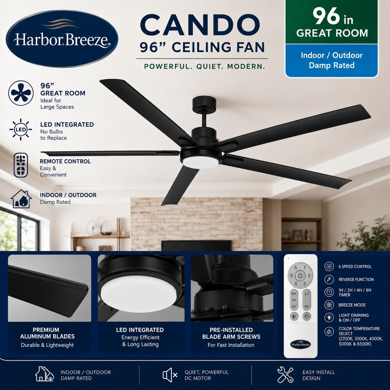 Harbor Breeze Cando 96" Matte Black Ceiling Fan w/ LED Light & Remote New