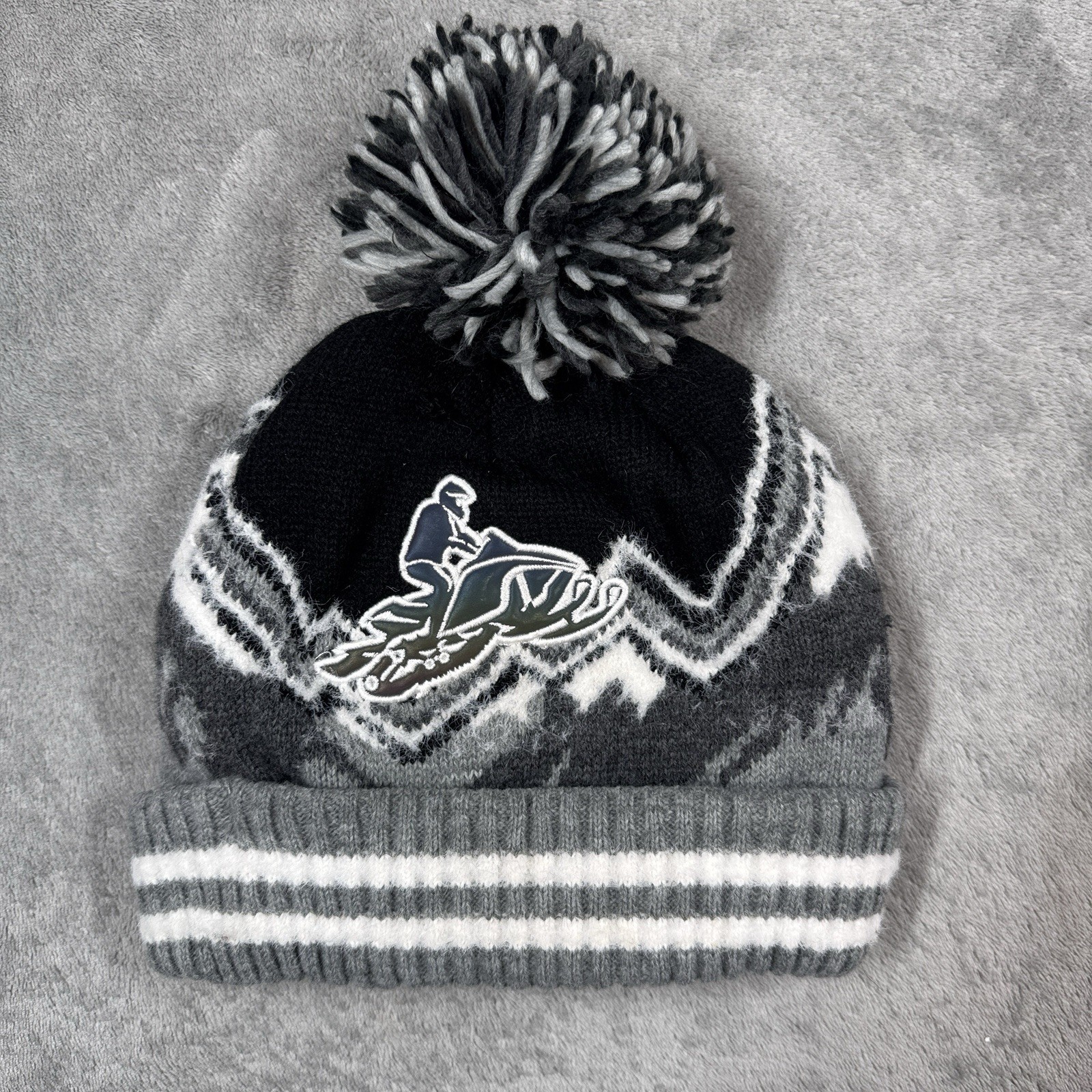 The Childrens Place Black Gray Pom Beanie Kids Winter Hat Ski Knit L/XL